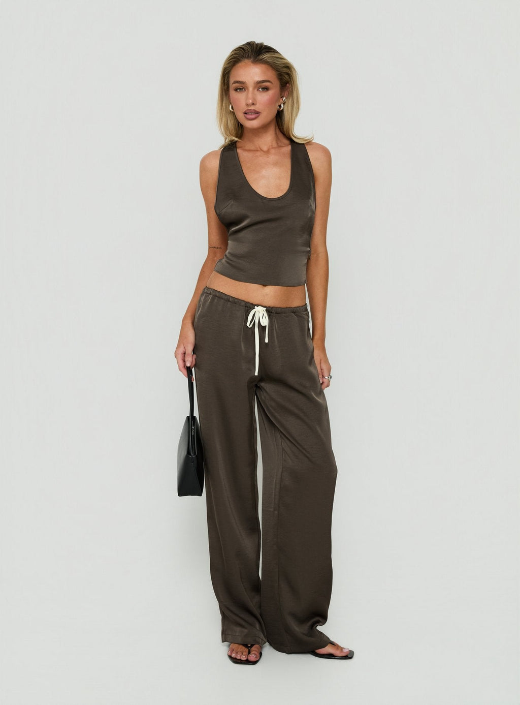 Dialled Up Tie Waist Satin Pants Mocha