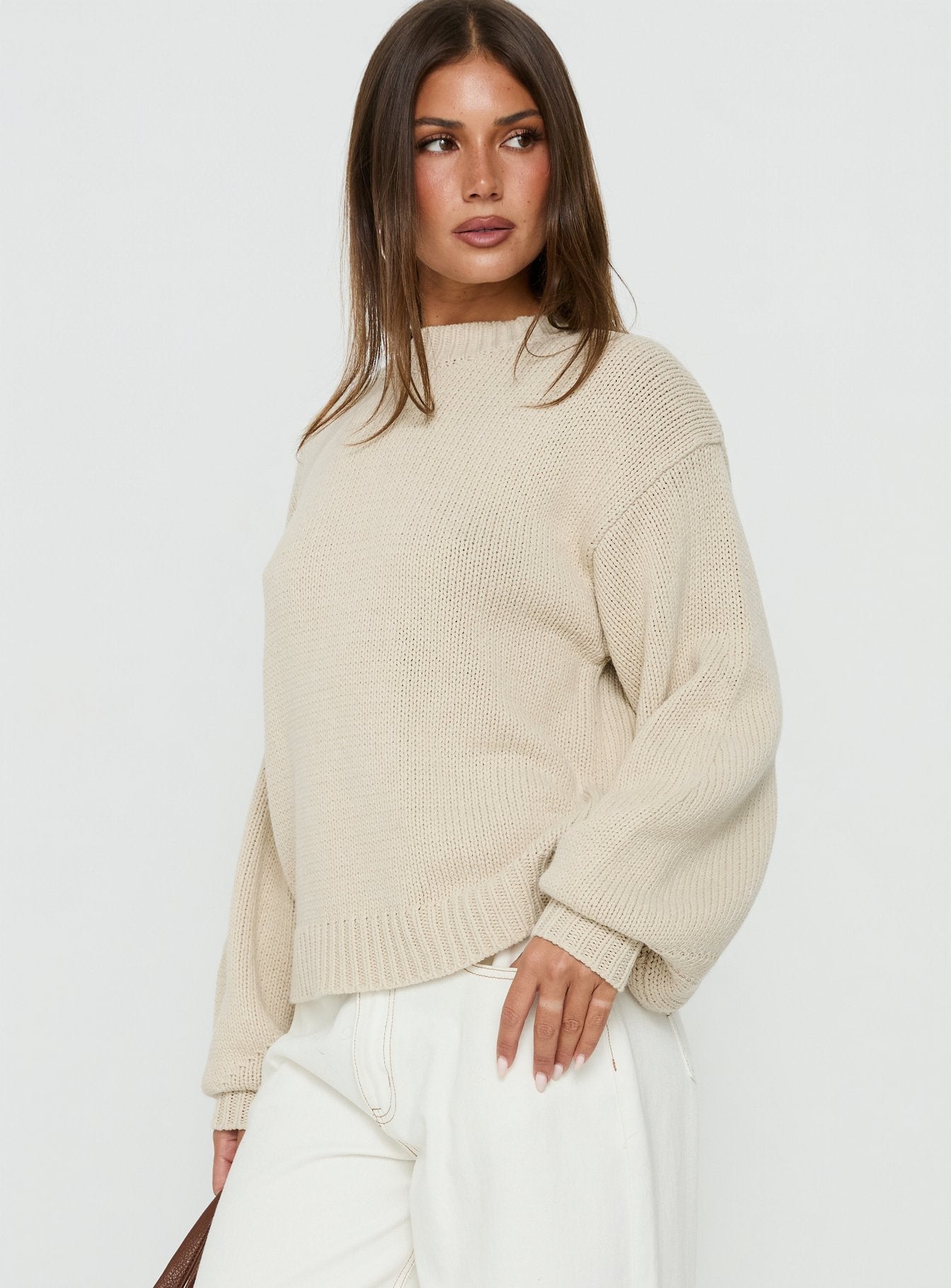 Harmony Balloon Sleeve Knit Sweater Beige