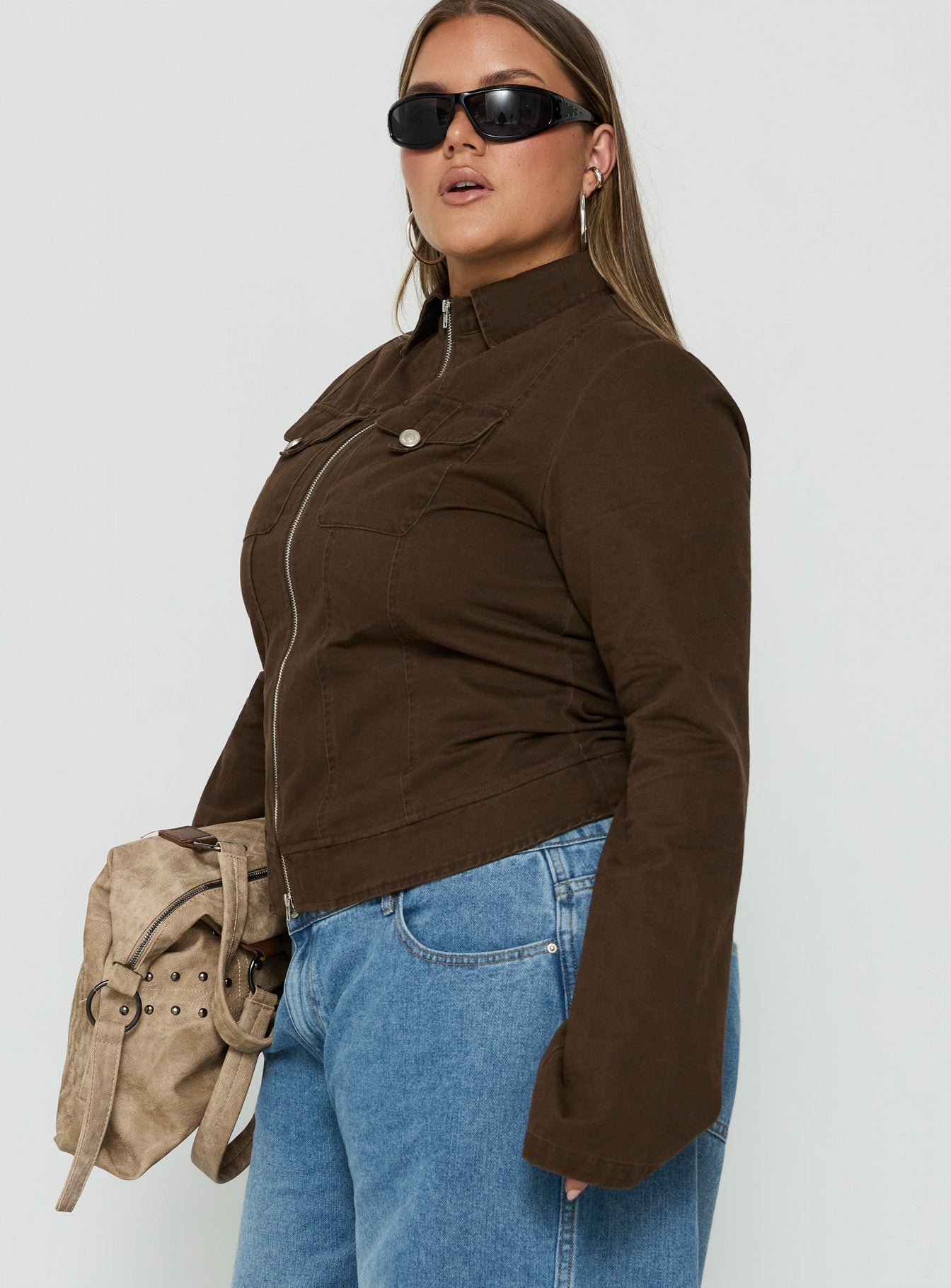 Kelehan Long Sleeve Zip Front Jacket Stonewashed Brown Curve