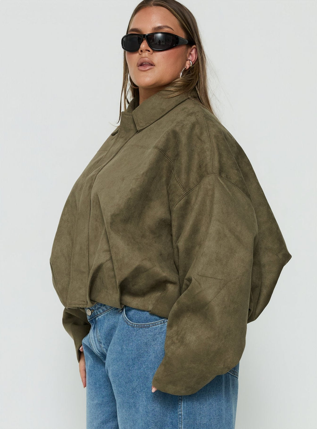 Enlightened Faux Suede Bomber Jacket Khaki Curve