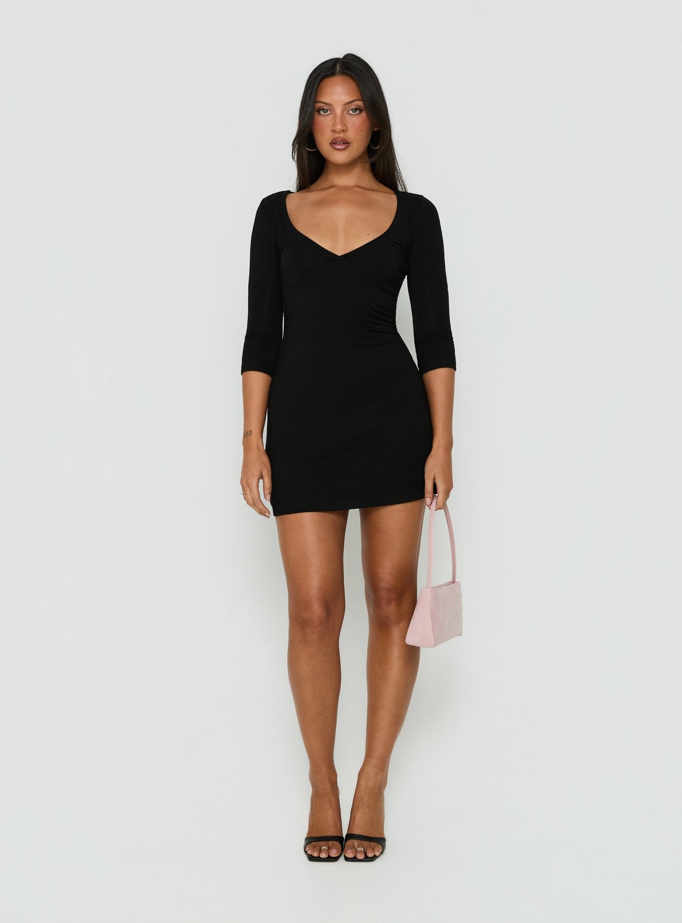 Florisa 3/4 Sleeve V Neck Mini Dress Black