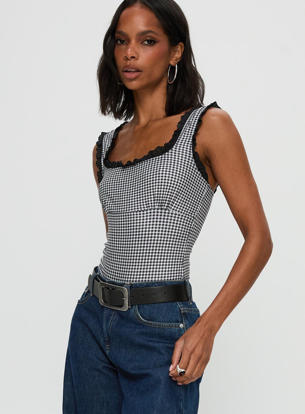 Trustfund Lace Trim Bodysuit Black / White Check