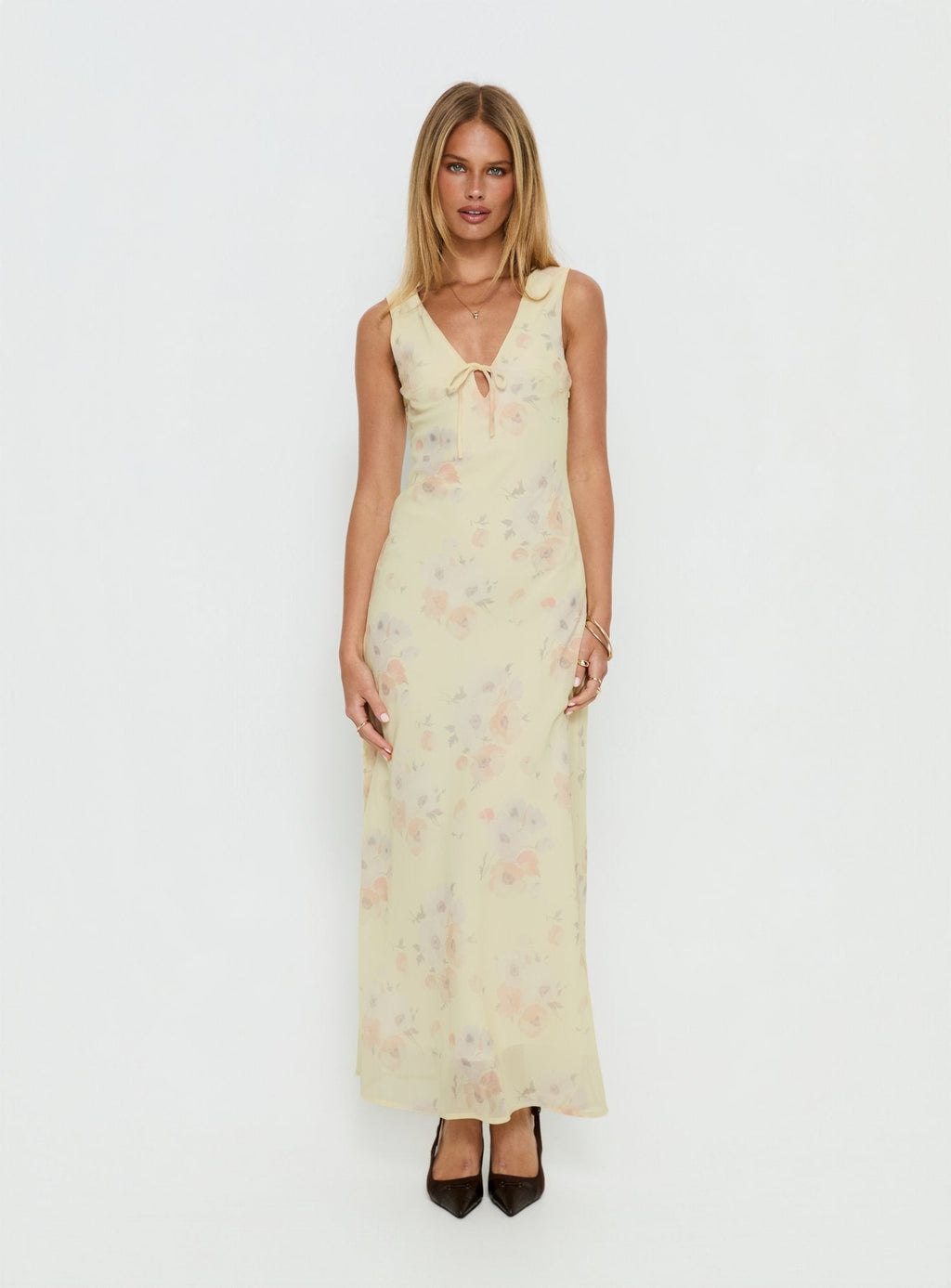 Joannah V Neck Midi Dress Yellow Floral