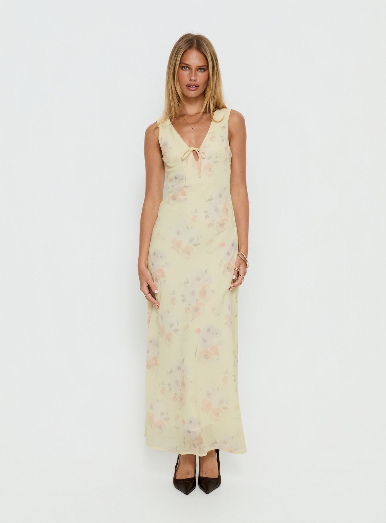 Joannah V Neck Midi Dress Yellow Floral
