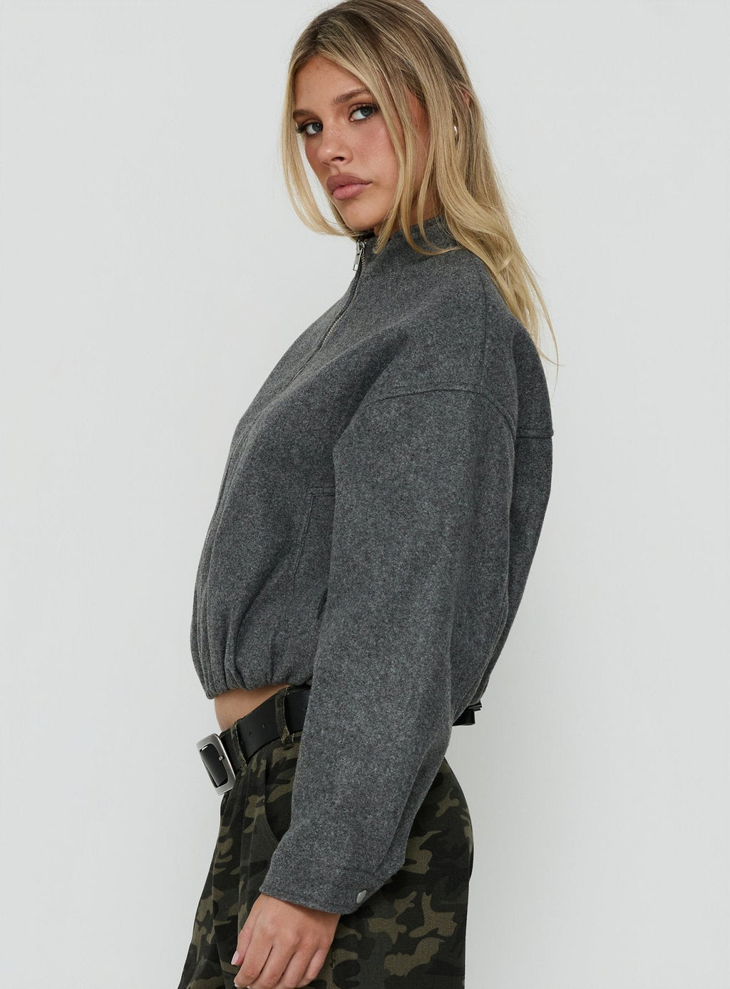 Chayden Cropped Faux Wool Bomber Jacket Grey