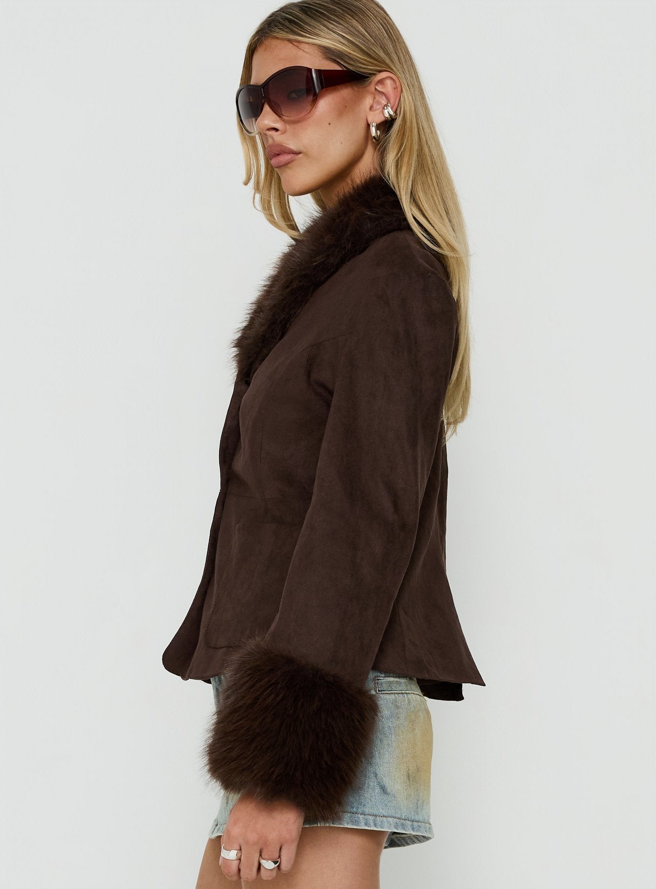 Memoree Faux Fur Trim Jacket Chocolate