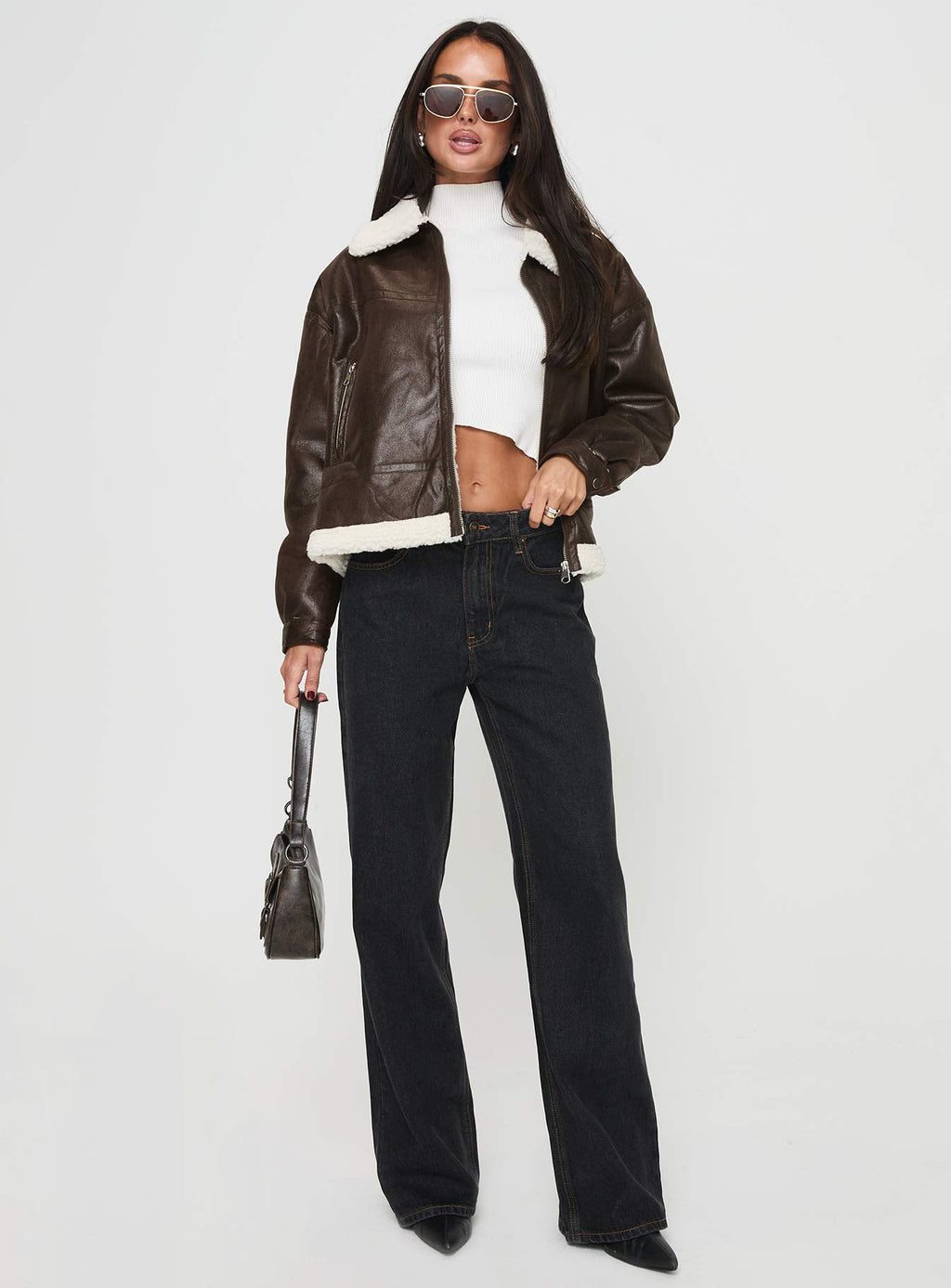Solara Faux Leather Shearling Jacket Chocolate Petite