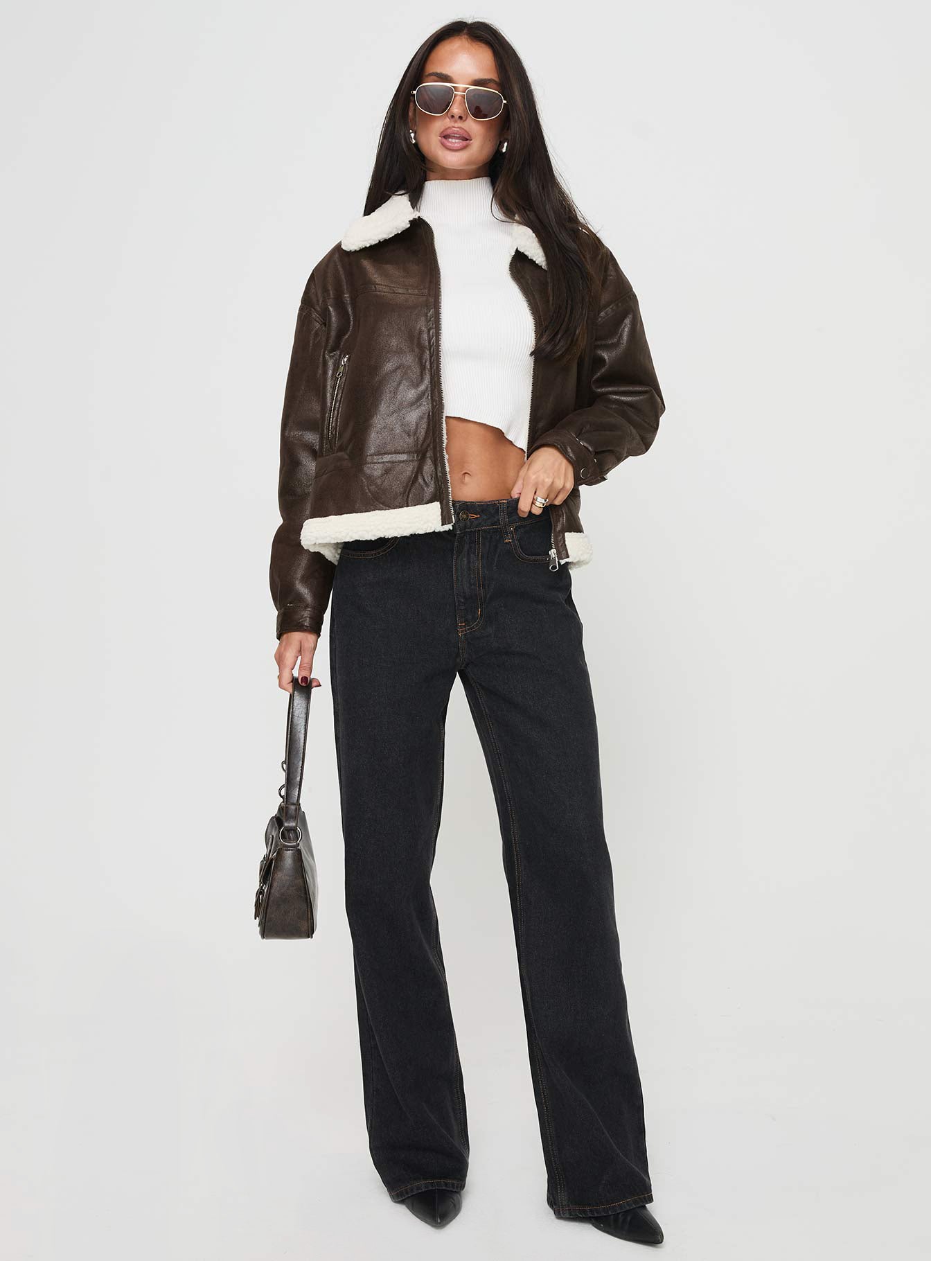 Solara Faux Leather Shearling Jacket Chocolate Petite
