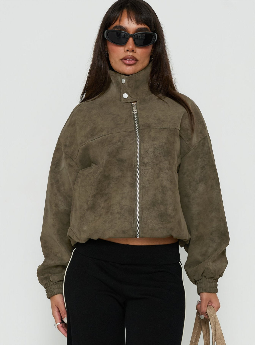 Ellissa Faux Suede Bomber Jacket Khaki