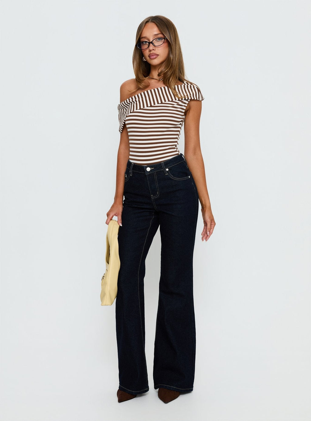 Demetria Off Shoulder Bodysuit Brown Stripe
