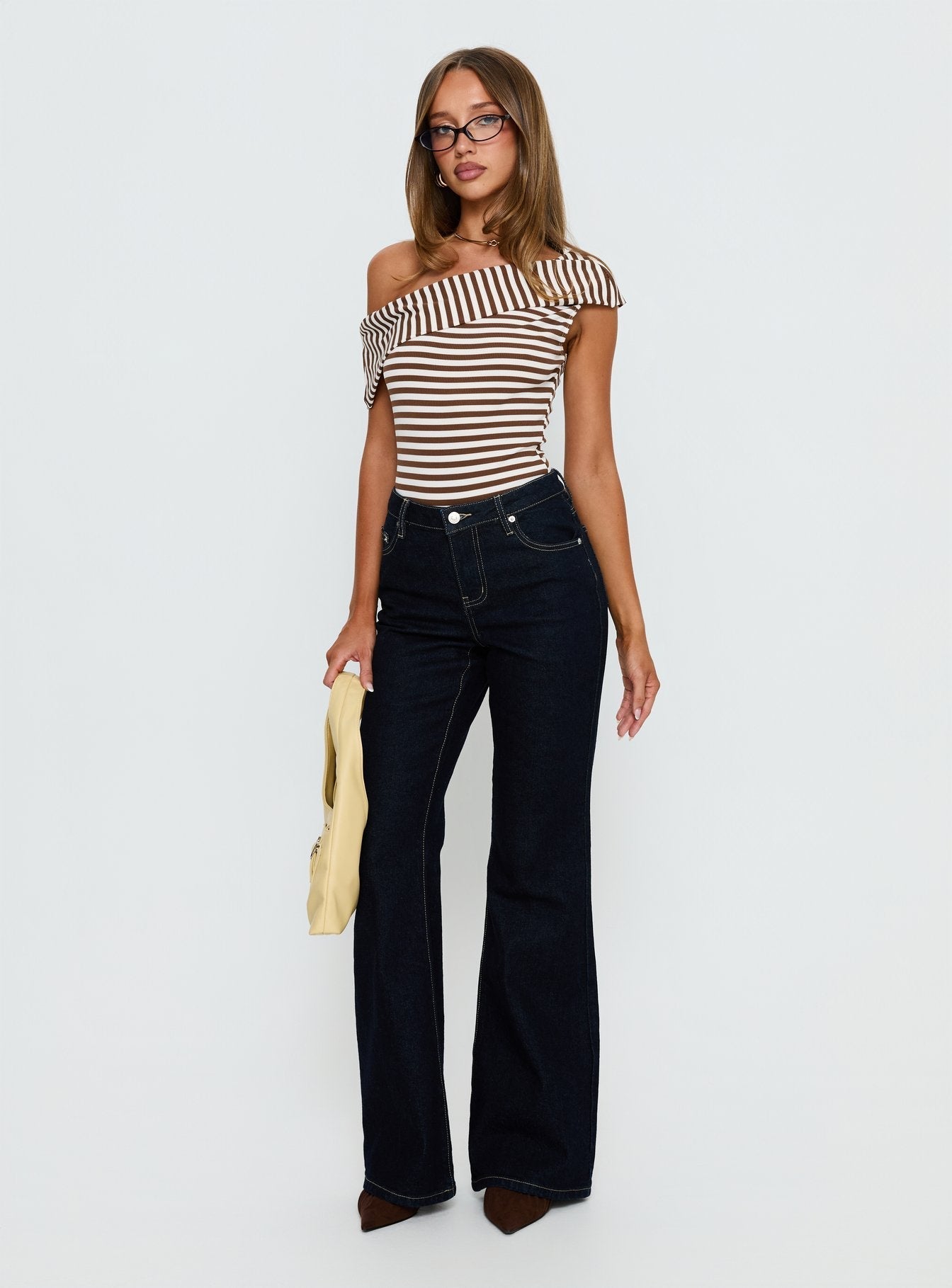Demetria Off Shoulder Bodysuit Brown Stripe