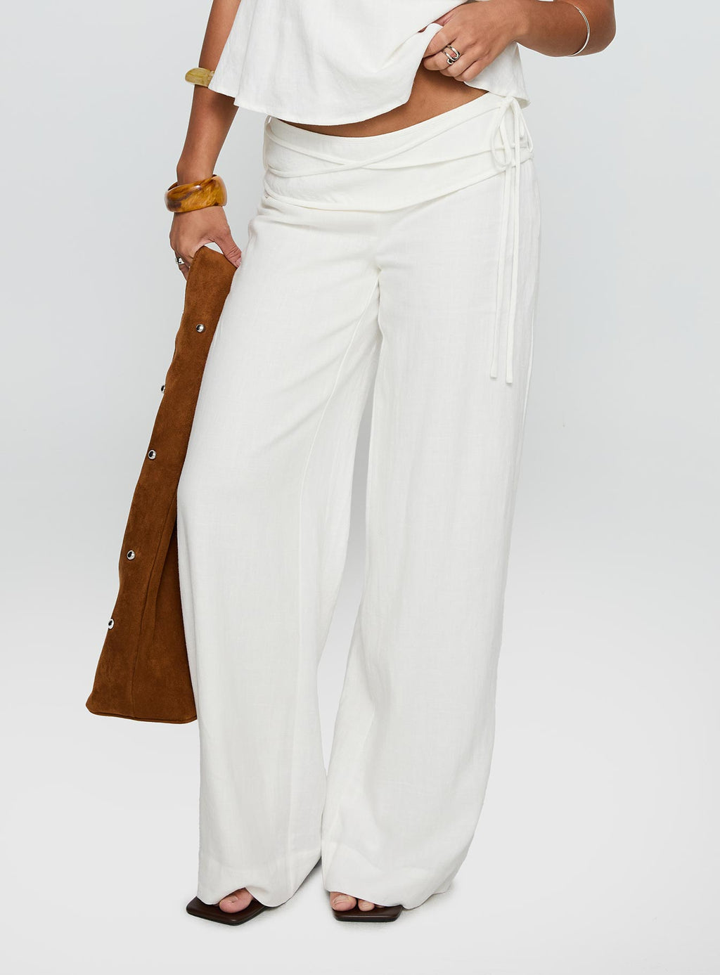 Silver Moon Linen Blend Tie Pants White Petite