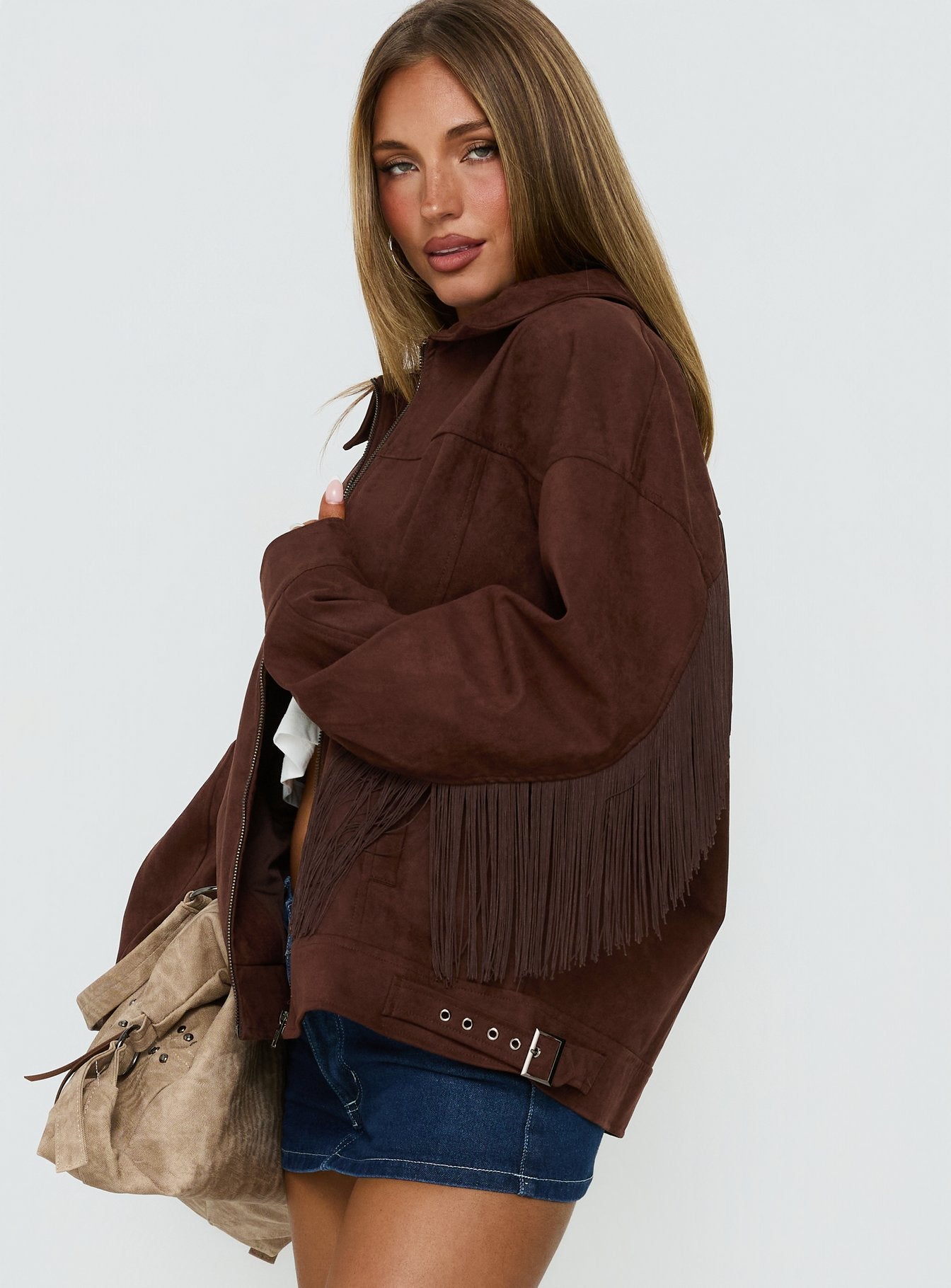 Goldsmith Faux Suede Tassel Bomber Jacket Chocolate