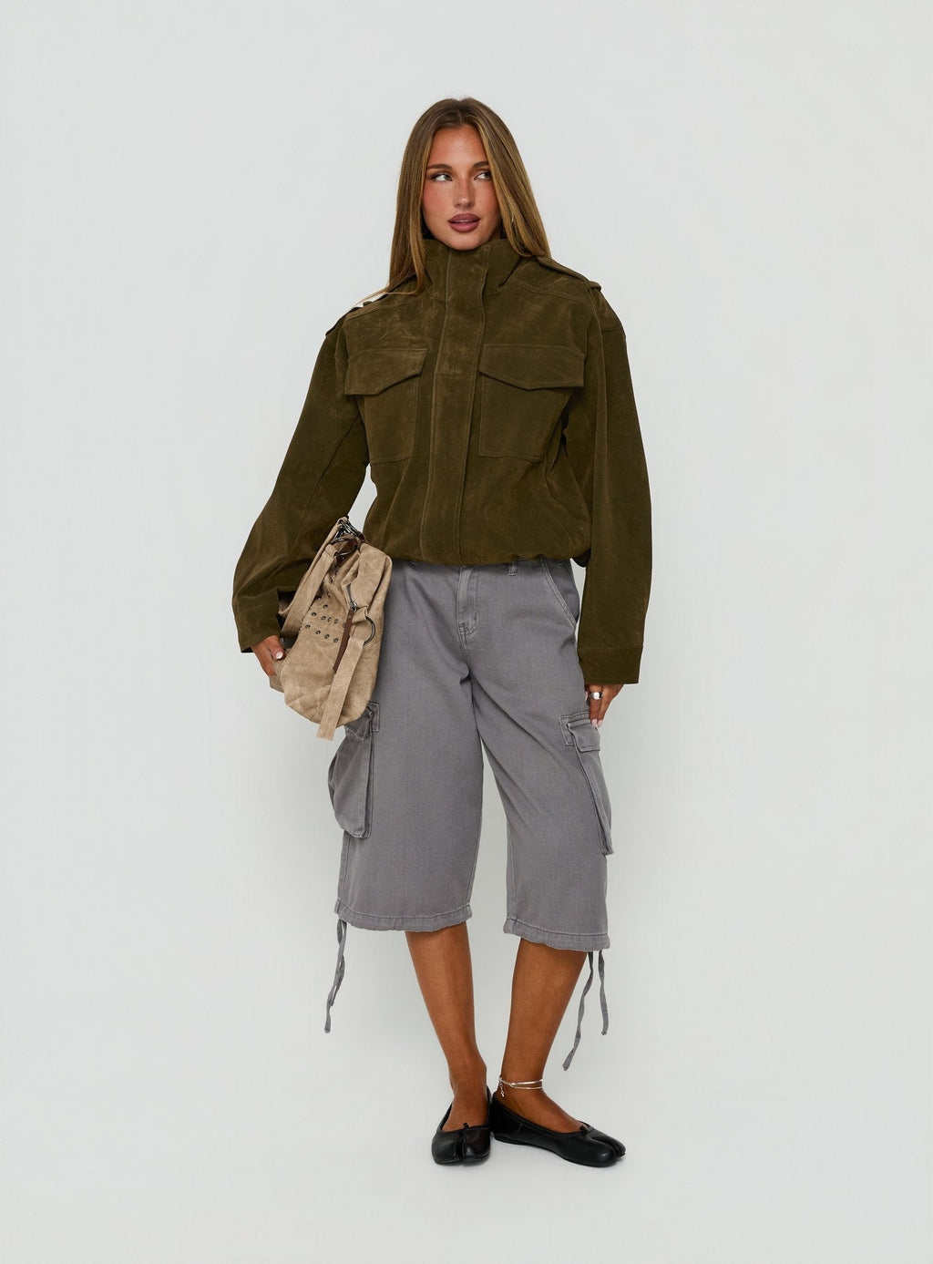 Double Life Funnel Neck Cargo Jacket Olive Green