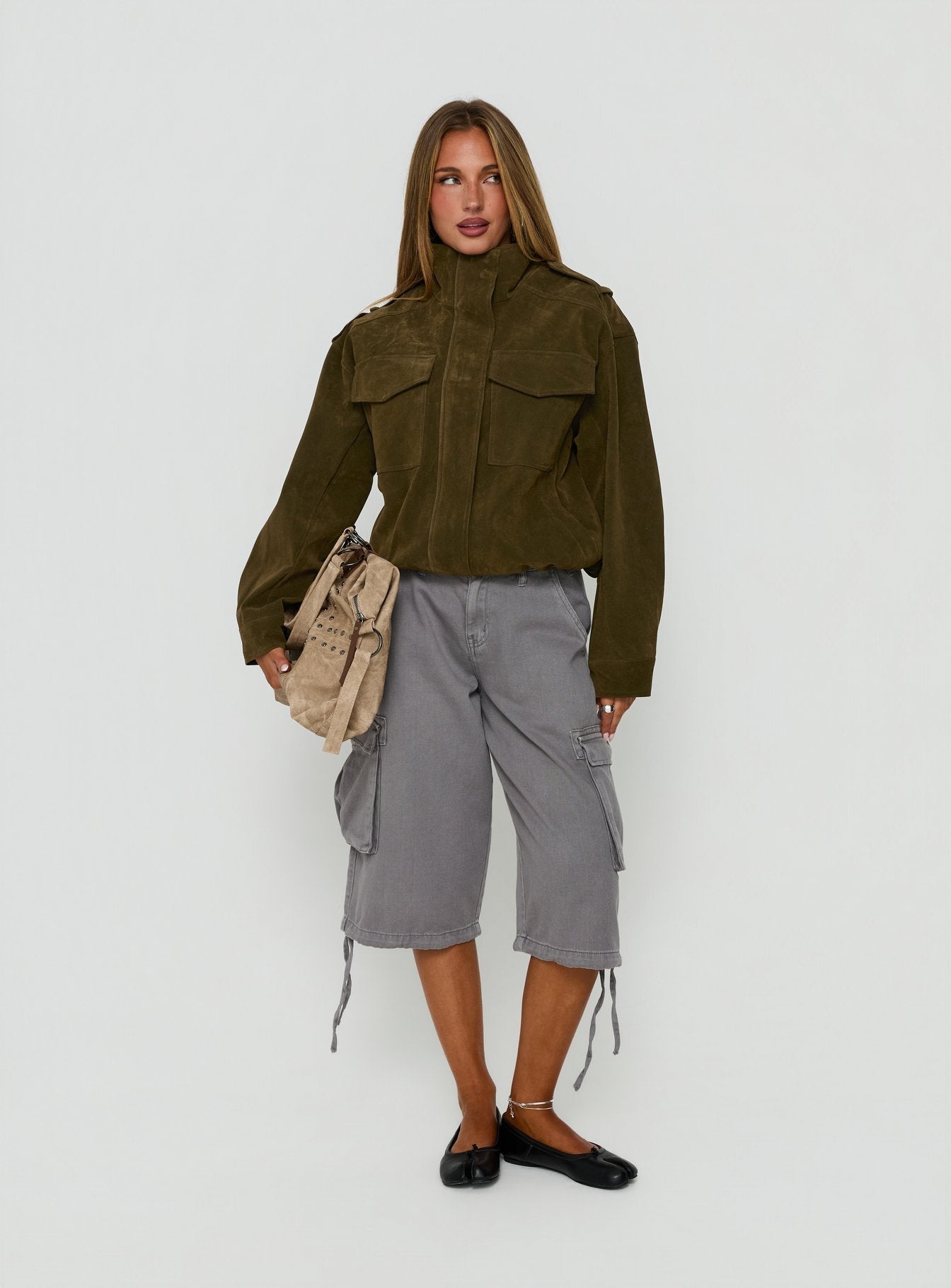 Double Life Funnel Neck Cargo Jacket Olive Green