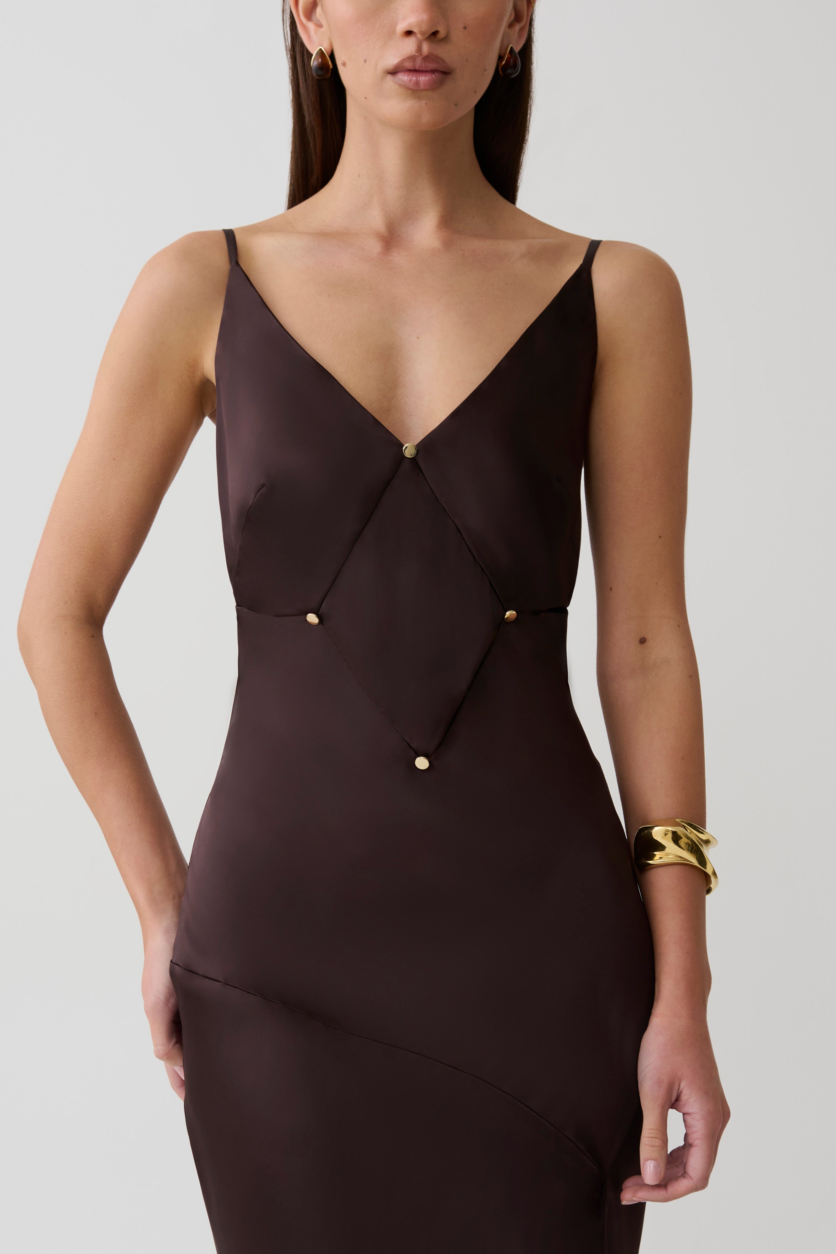 Maddison V Neck Satin Maxi Dress - Dark Chocolate