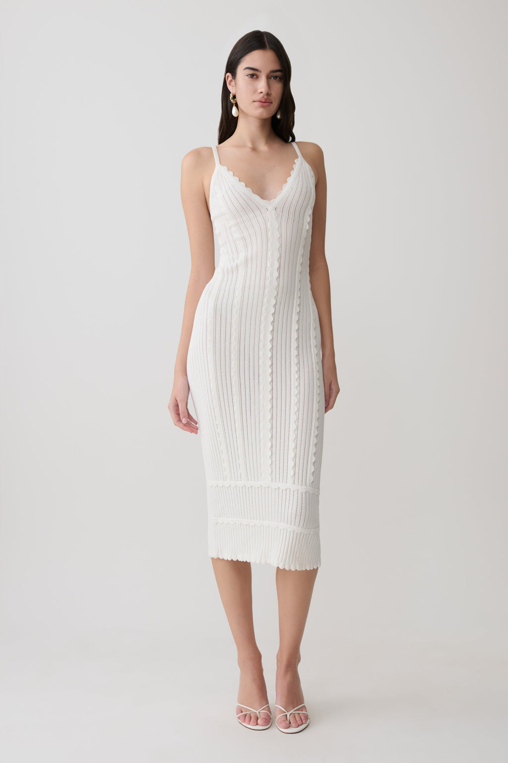 Cooper Scalloped Neckline Pointelle Midi Dress - White