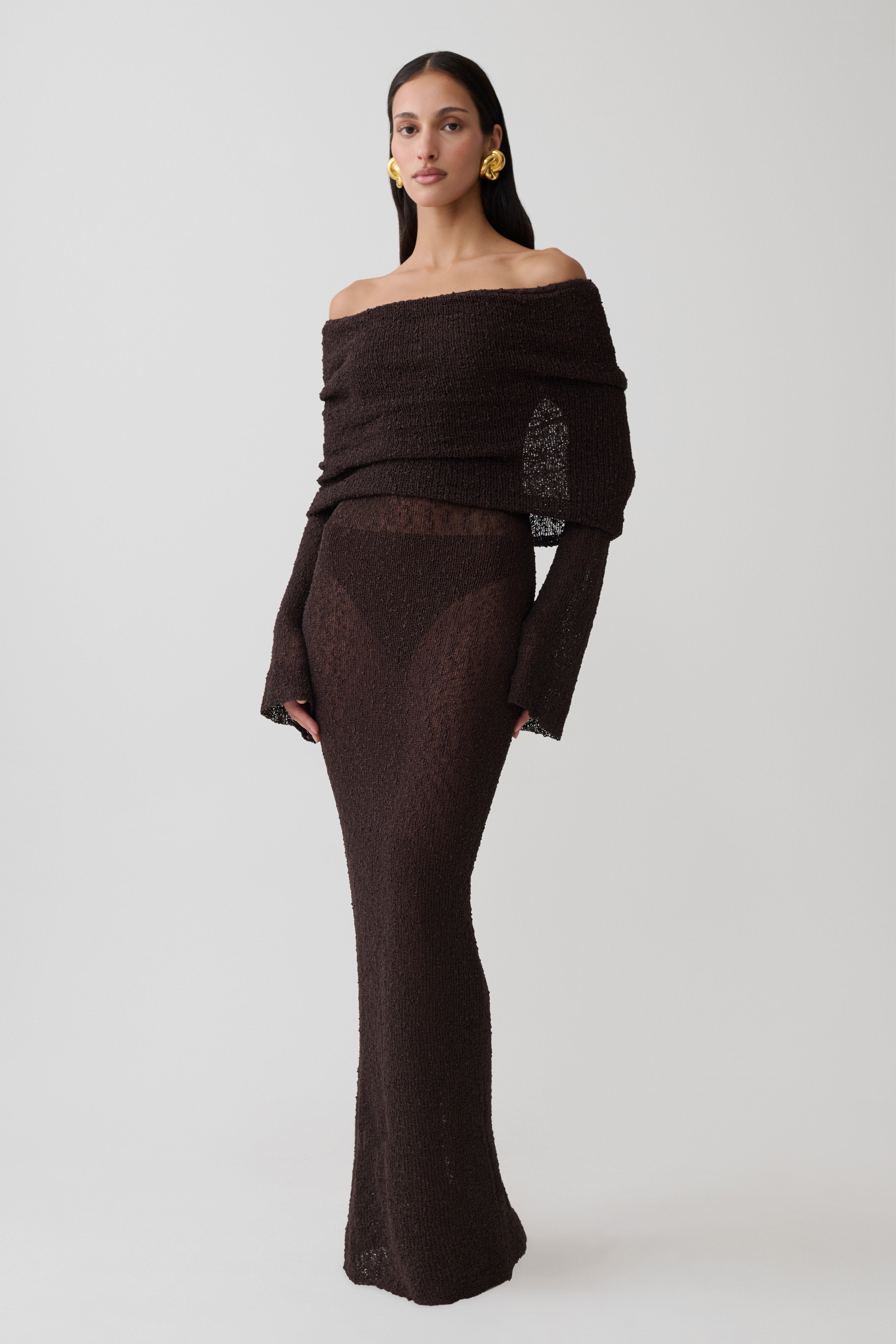 Marisol Off Shoulder Boucle Maxi Dress - Dark Chocolate