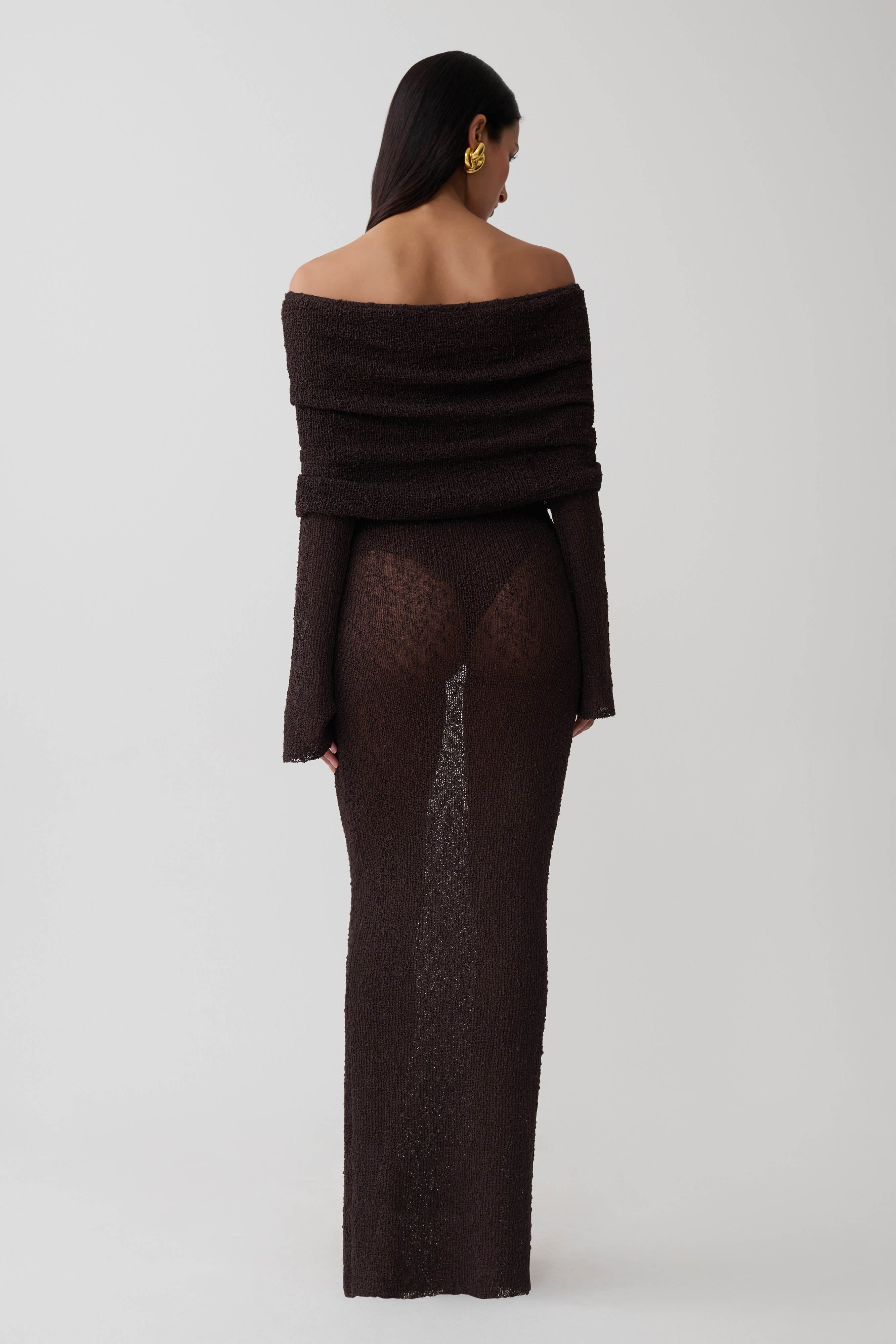 Marisol Off Shoulder Boucle Maxi Dress - Dark Chocolate