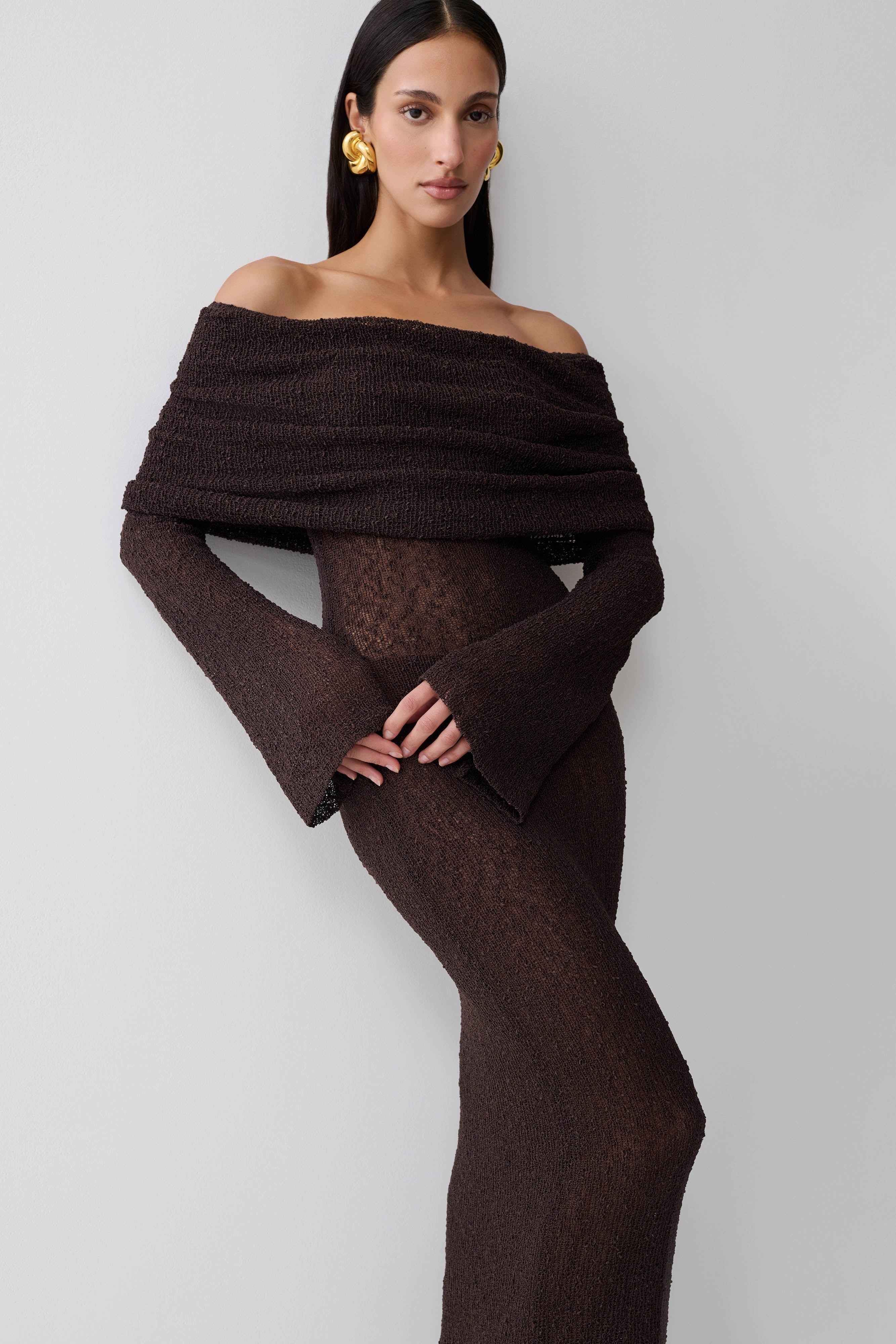 Marisol Off Shoulder Boucle Maxi Dress - Dark Chocolate