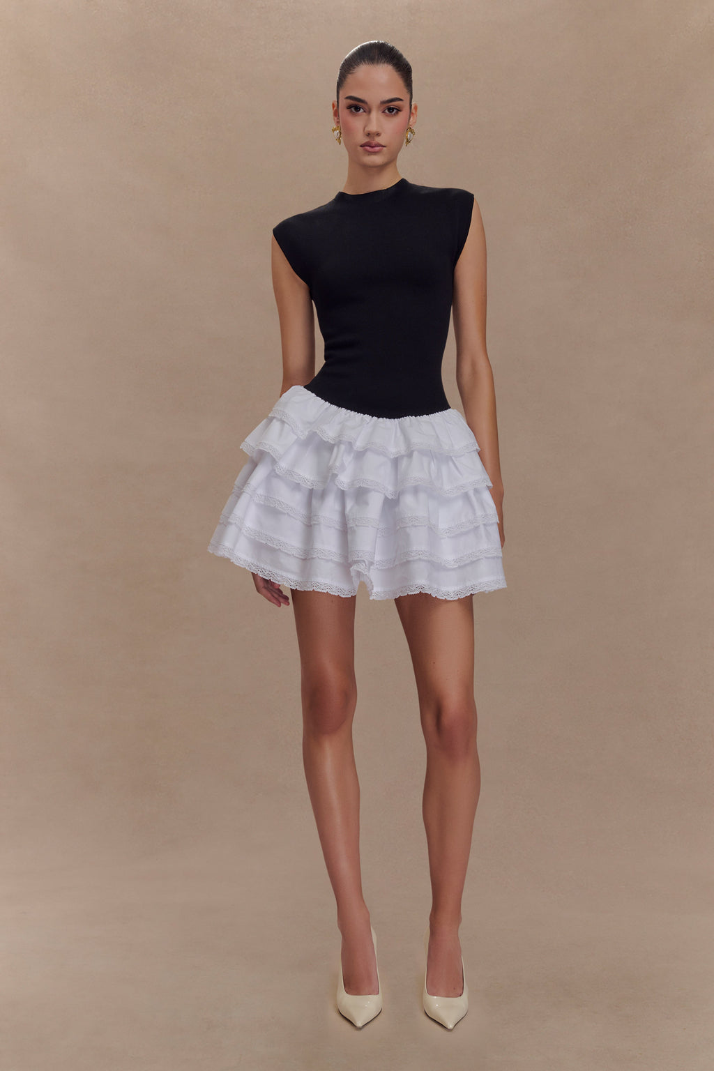 Maeve Contrast Ruffle Knit Mini Dress - Black/White