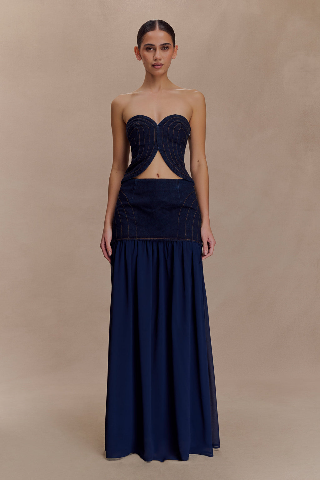 Tully Strapless Topstitch Denim Top - Indigo Blue