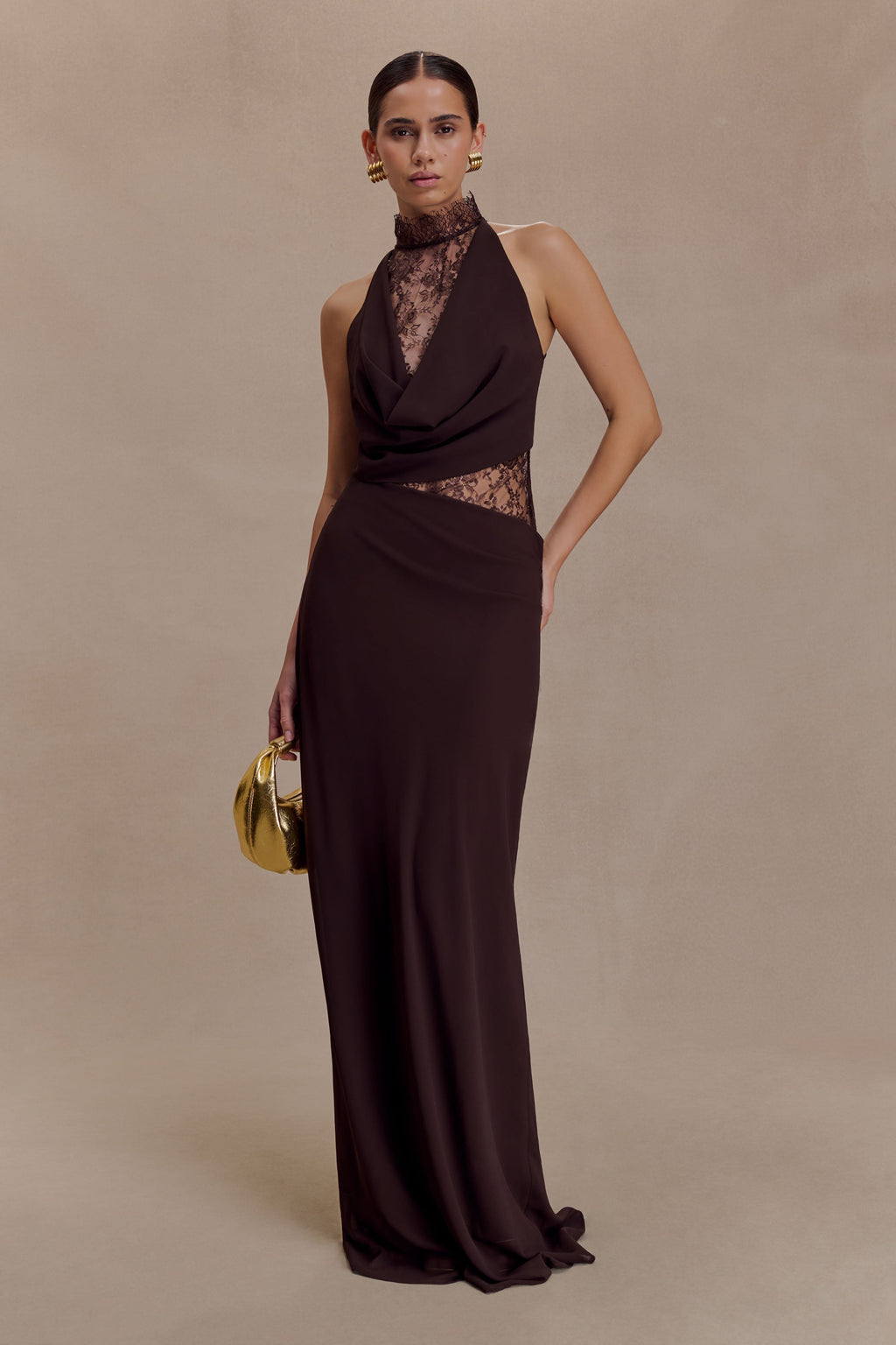 Arra Chiffon And Lace Halter Maxi Dress - Cacao Brown