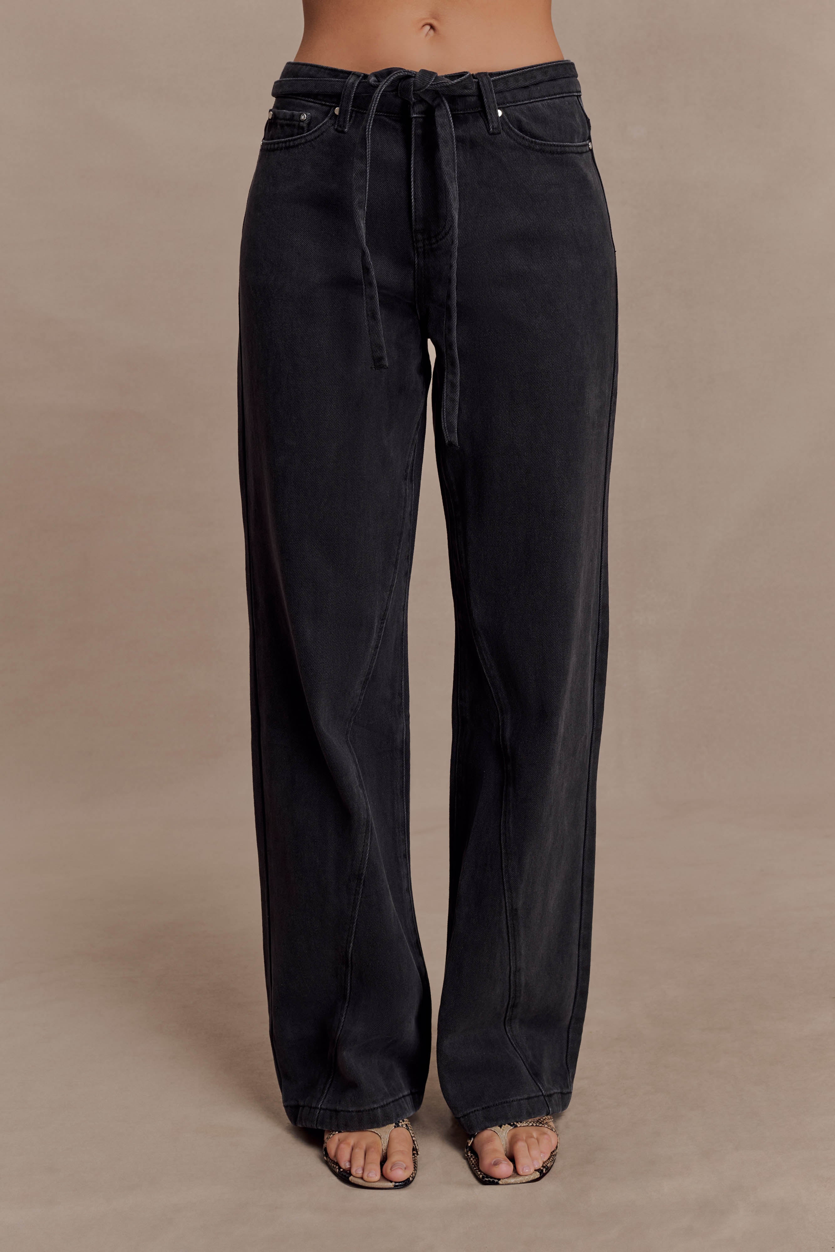 Perrie Mid Rise Straight Leg Tie Jeans - Washed Black