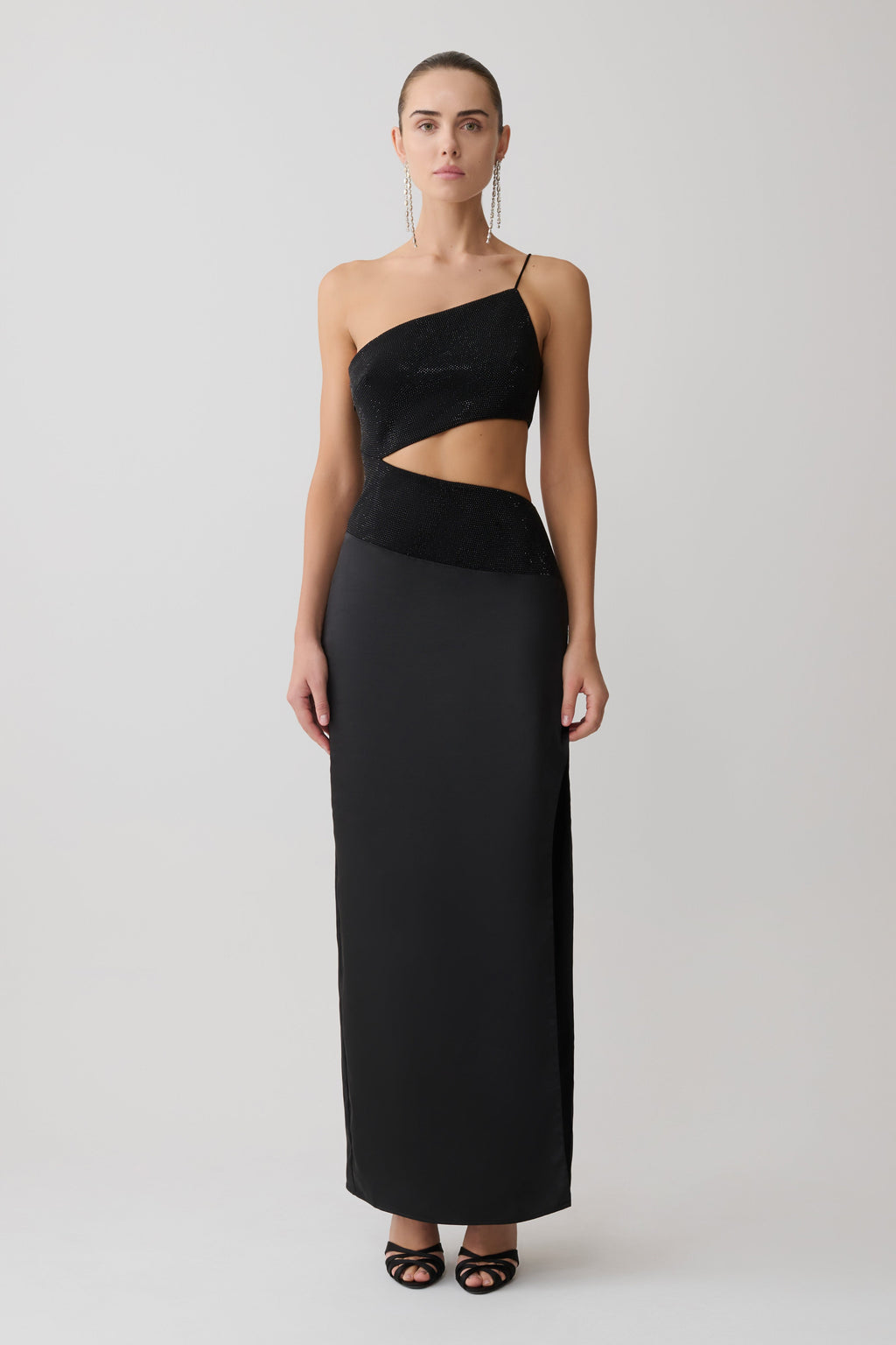 Athena One Shoulder Diamante Maxi Dress - Black