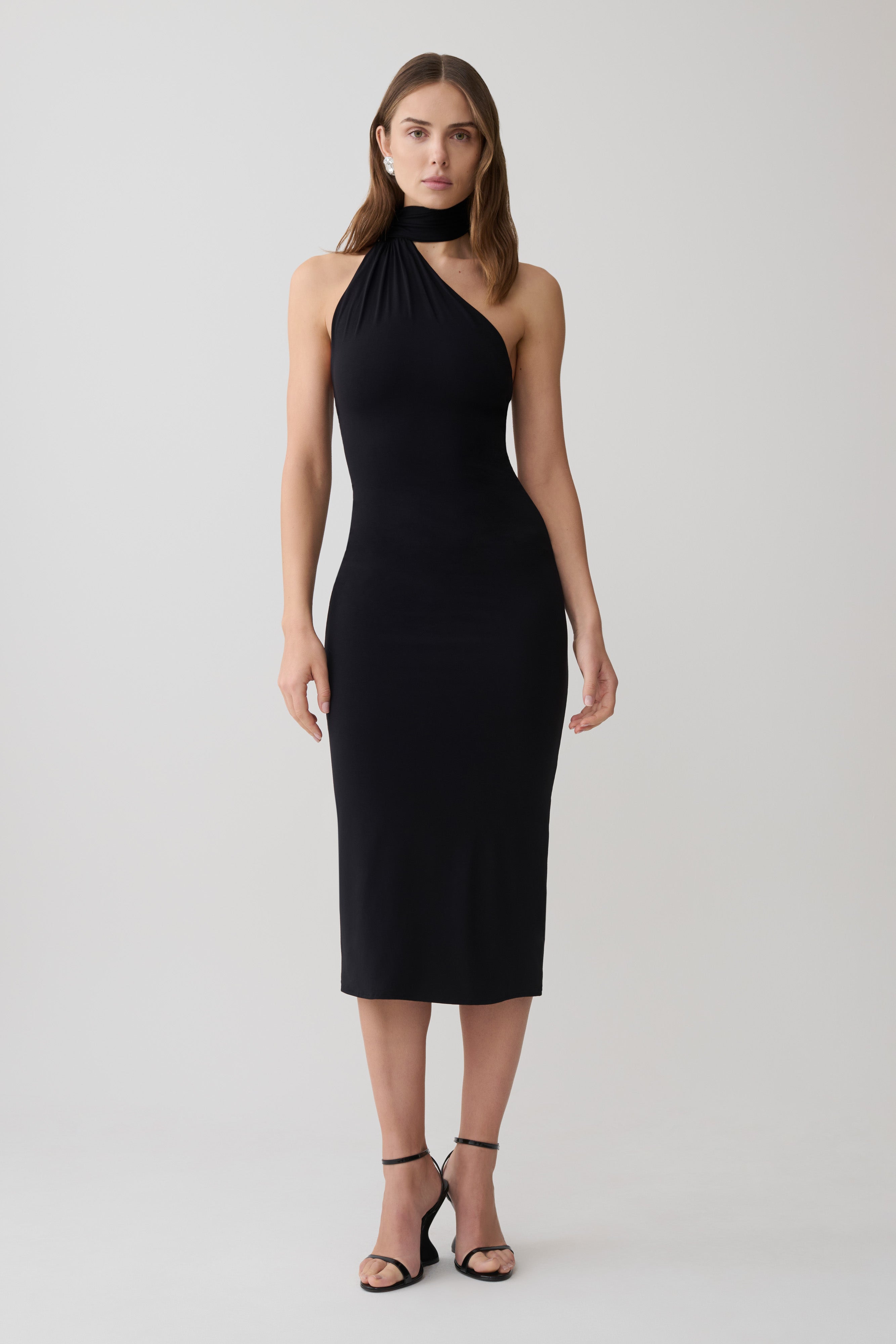 Jemma One Shoulder Tie Midi Dress - Black