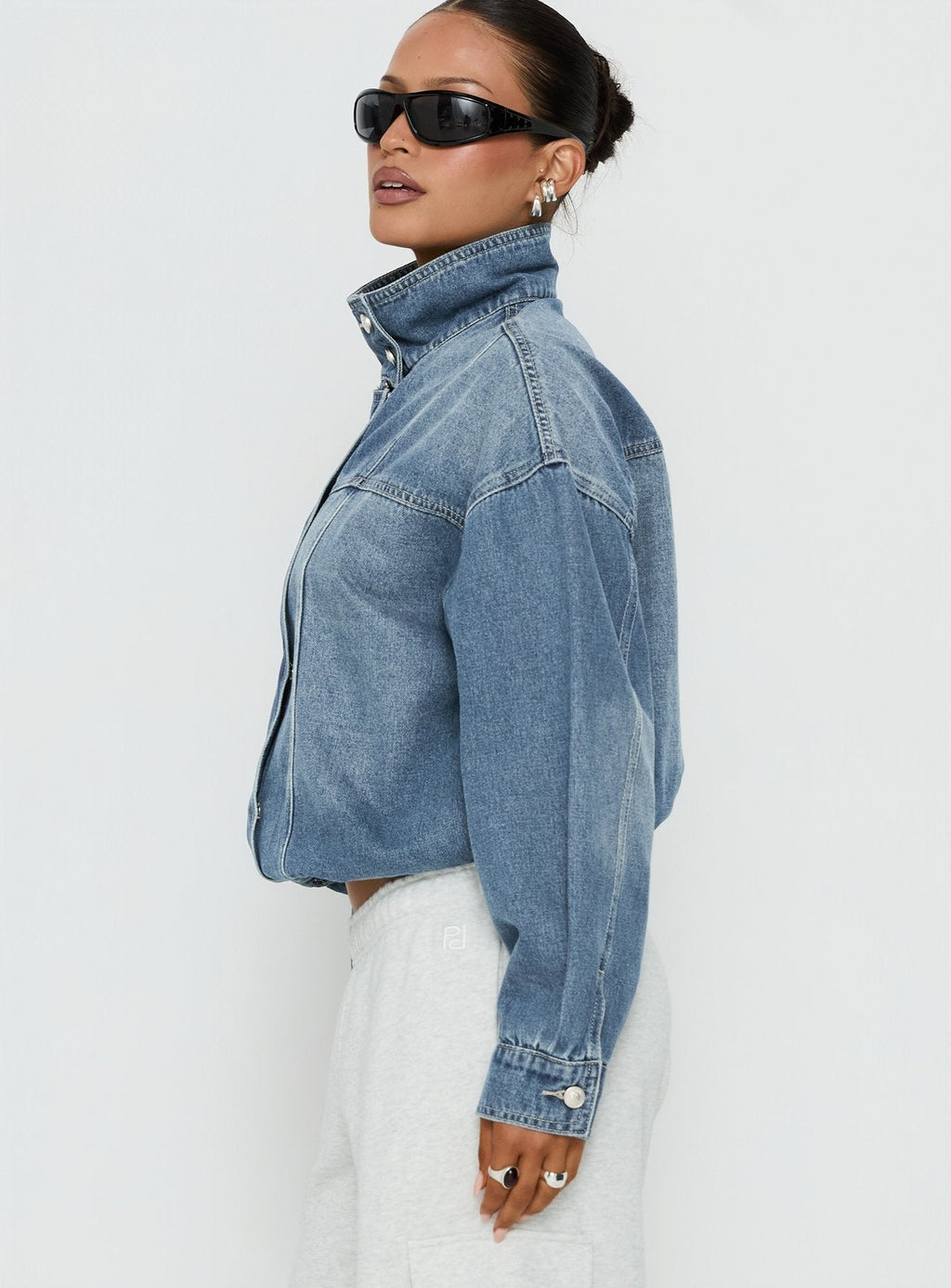 Alfea Funnel Neck Denim Bomber Jacket Mid Blue Wash