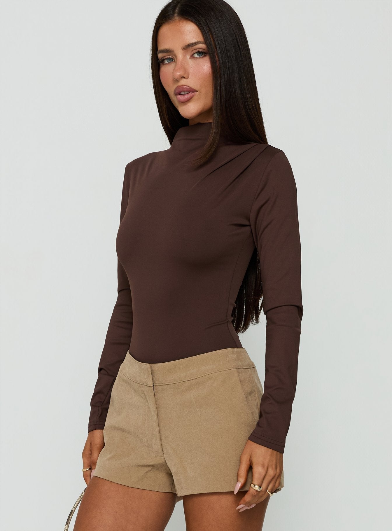 Pirella Mock Neck Long Sleeve Bodysuit Brown