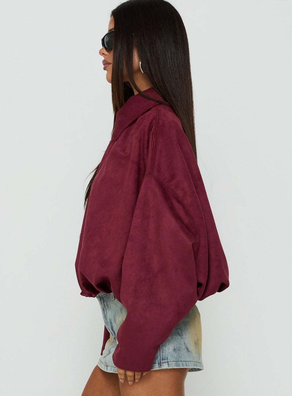 Enlightened Faux Suede Bomber Jacket Burgundy