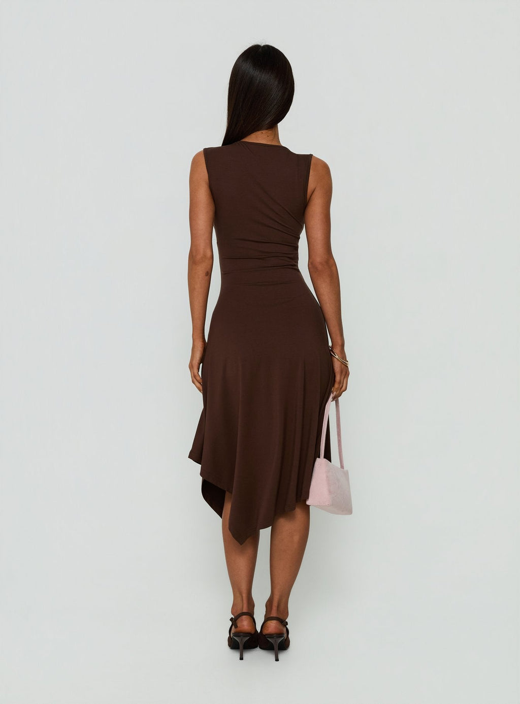 Louisia V Neck Hanky Hem Midi Dress Brown