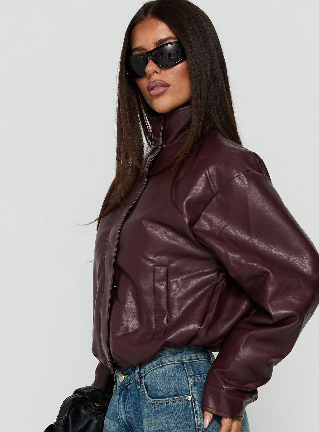 Kordale Funnel Neck Faux Leather Bomber Jacket Burgundy