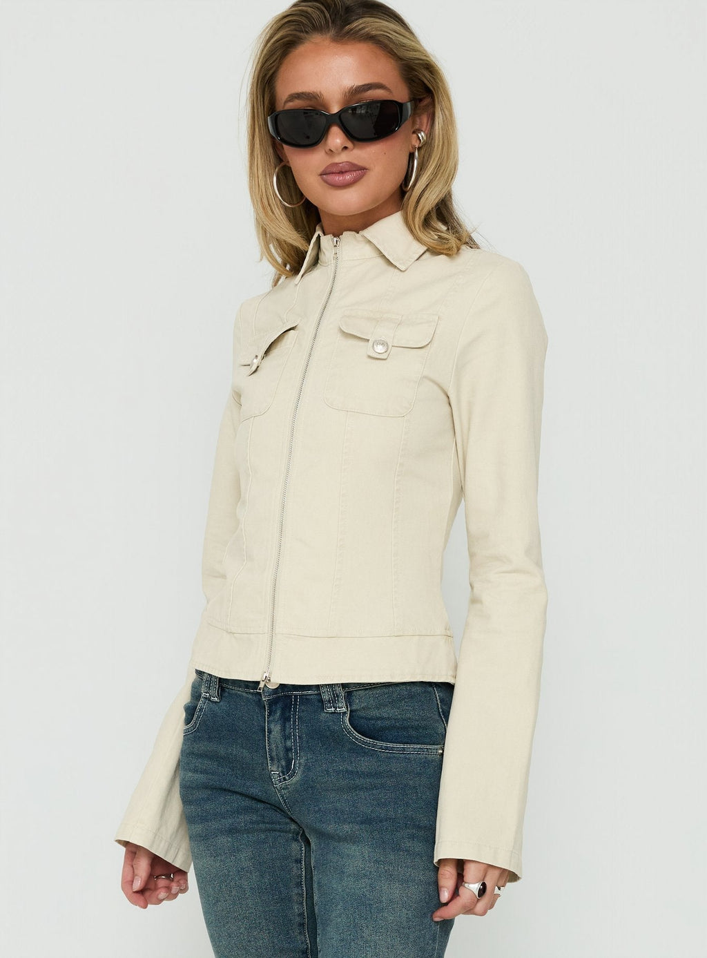 Kelehan Long Sleeve Zip Front Jacket Stonewashed Cream