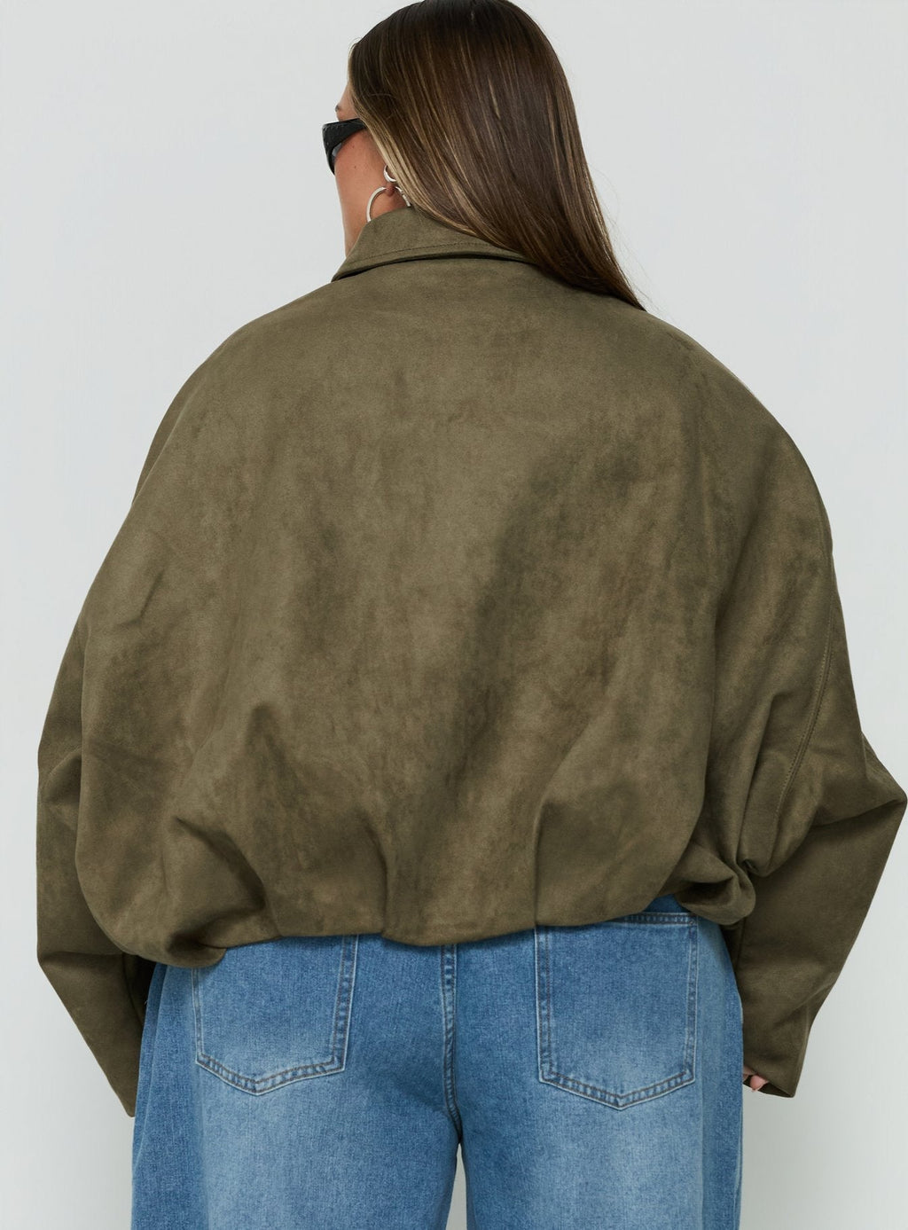 Enlightened Faux Suede Bomber Jacket Khaki Curve
