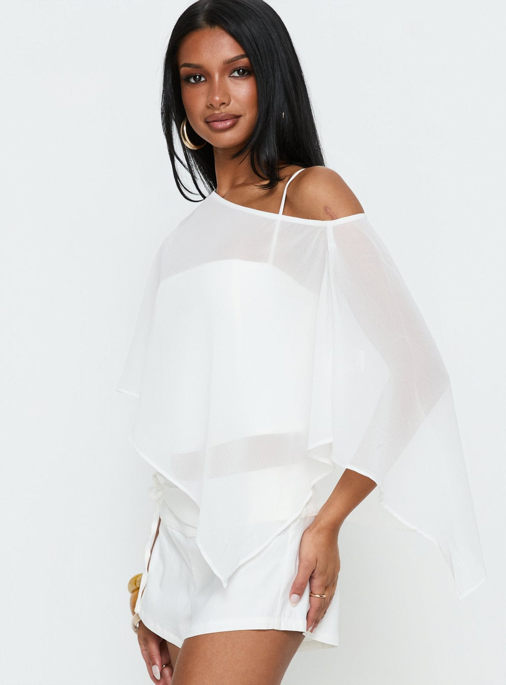 Senzo Chiffon Poncho Top White