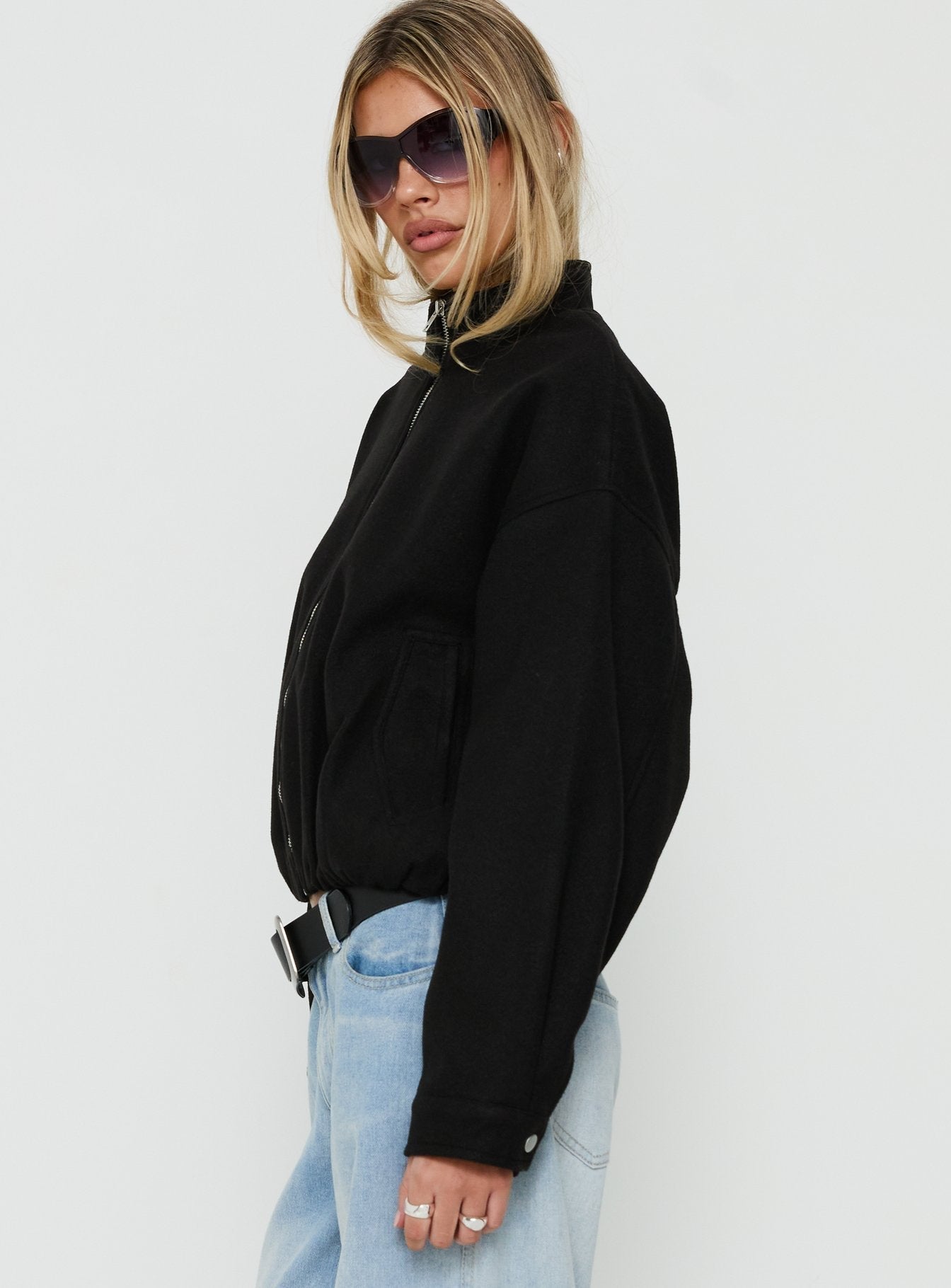 Chayden Cropped Faux Wool Bomber Jacket Black