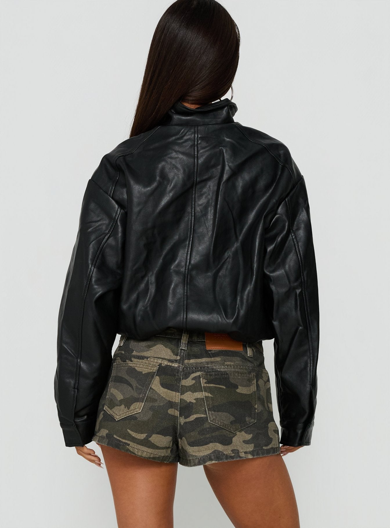 Kordale Funnel Neck Faux Leather Bomber Jacket Black