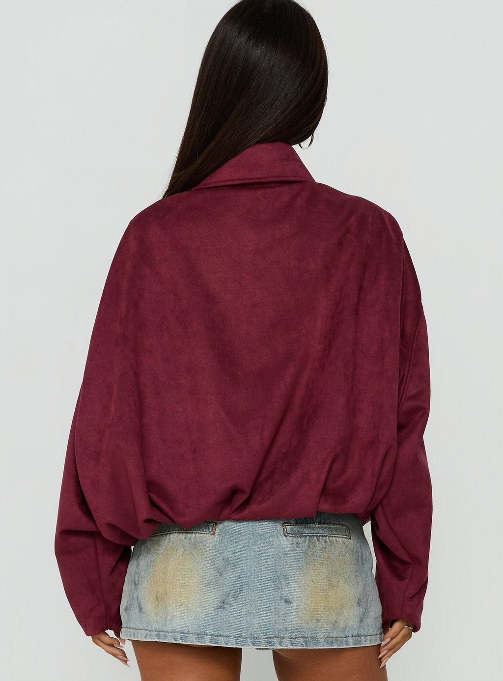 Enlightened Faux Suede Bomber Jacket Burgundy