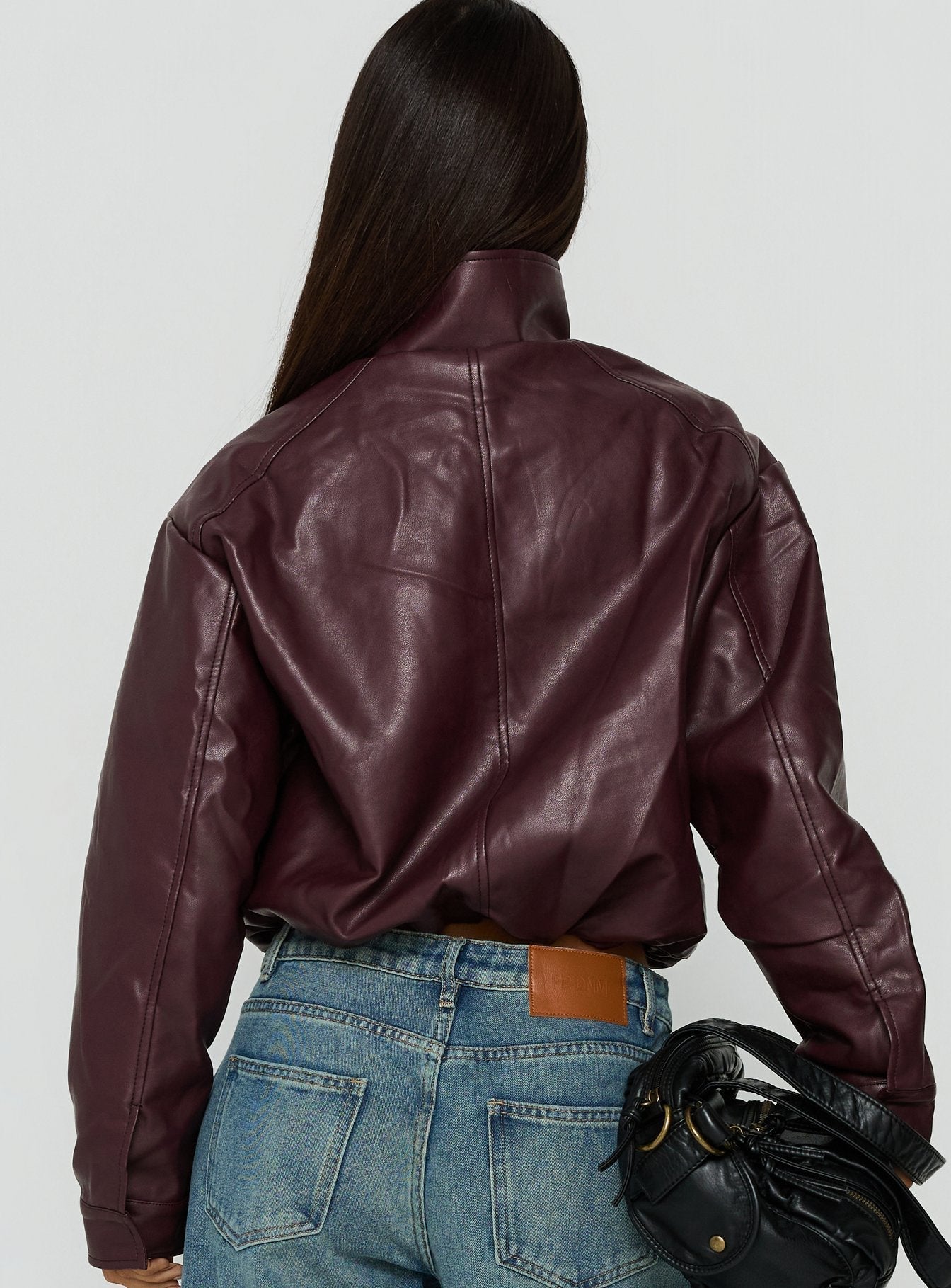 Kordale Funnel Neck Faux Leather Bomber Jacket Burgundy