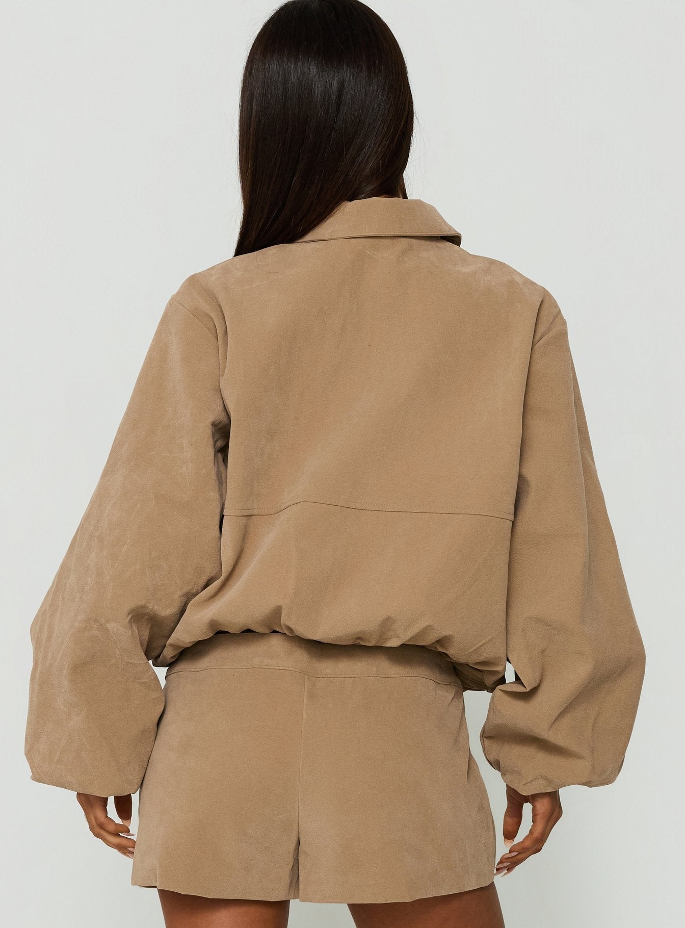Esmeya Faux Suede Collared Bomber Jacket Beige