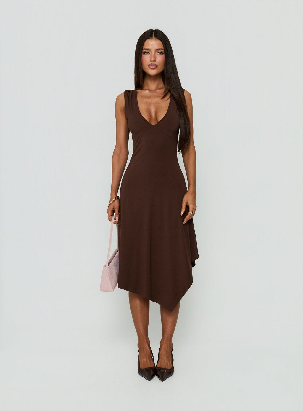 Louisia V Neck Hanky Hem Midi Dress Brown