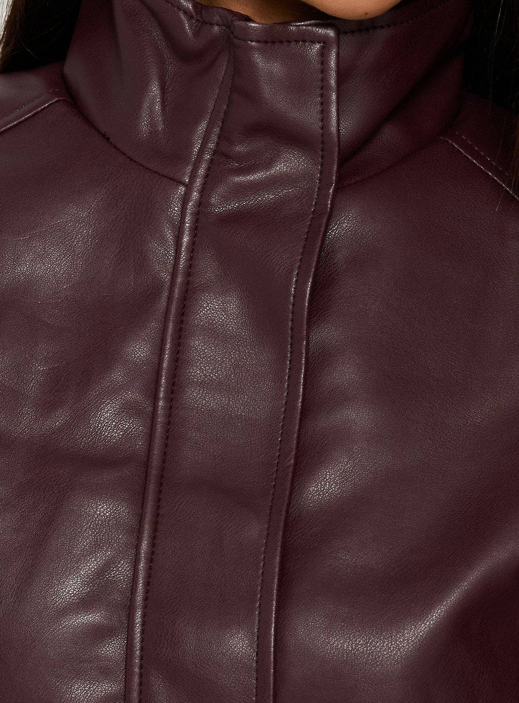 Kordale Funnel Neck Faux Leather Bomber Jacket Burgundy