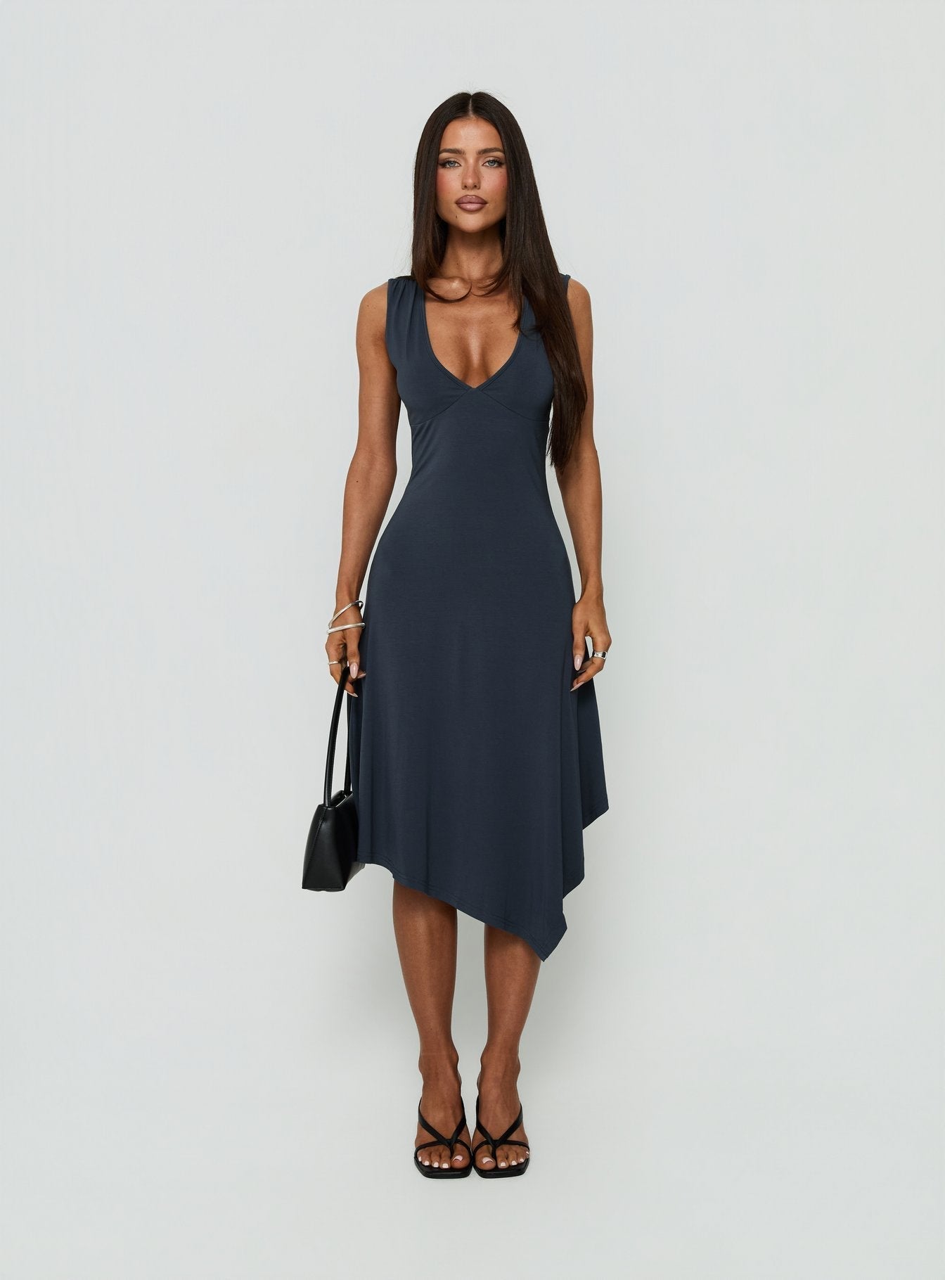 Louisia V Neck Hanky Hem Midi Dress Charcoal