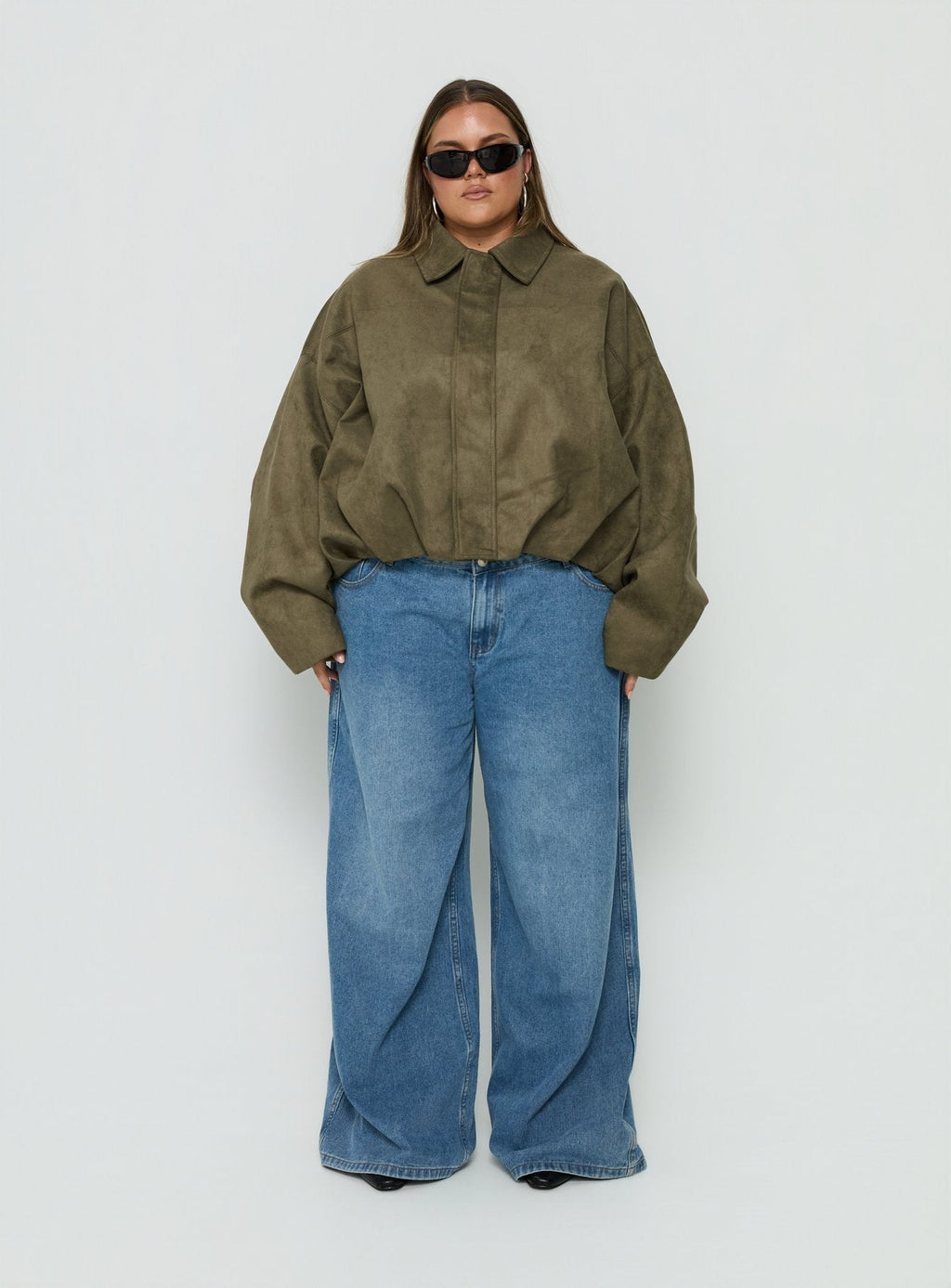 Enlightened Faux Suede Bomber Jacket Khaki Curve