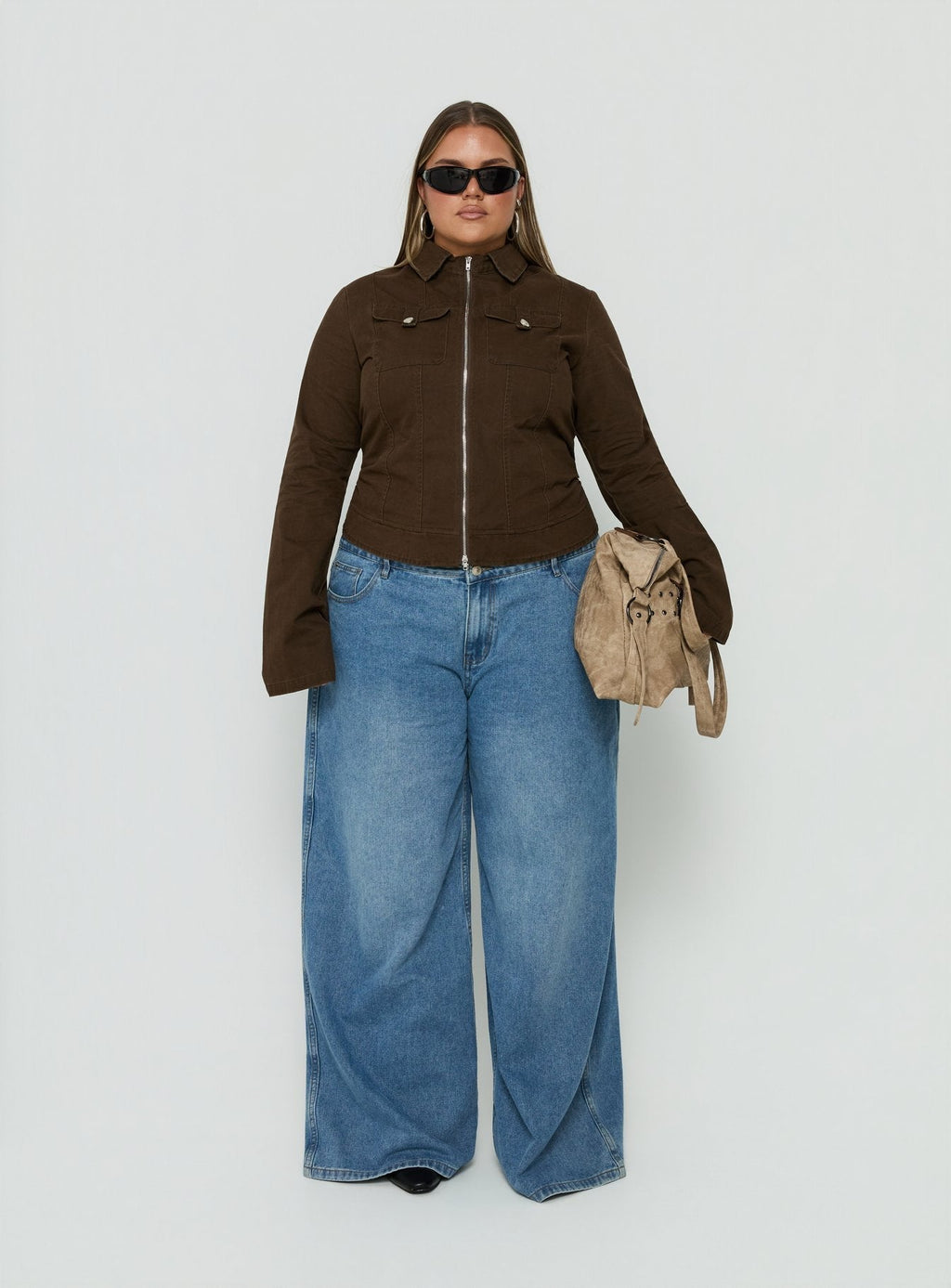 Kelehan Long Sleeve Zip Front Jacket Stonewashed Brown Curve