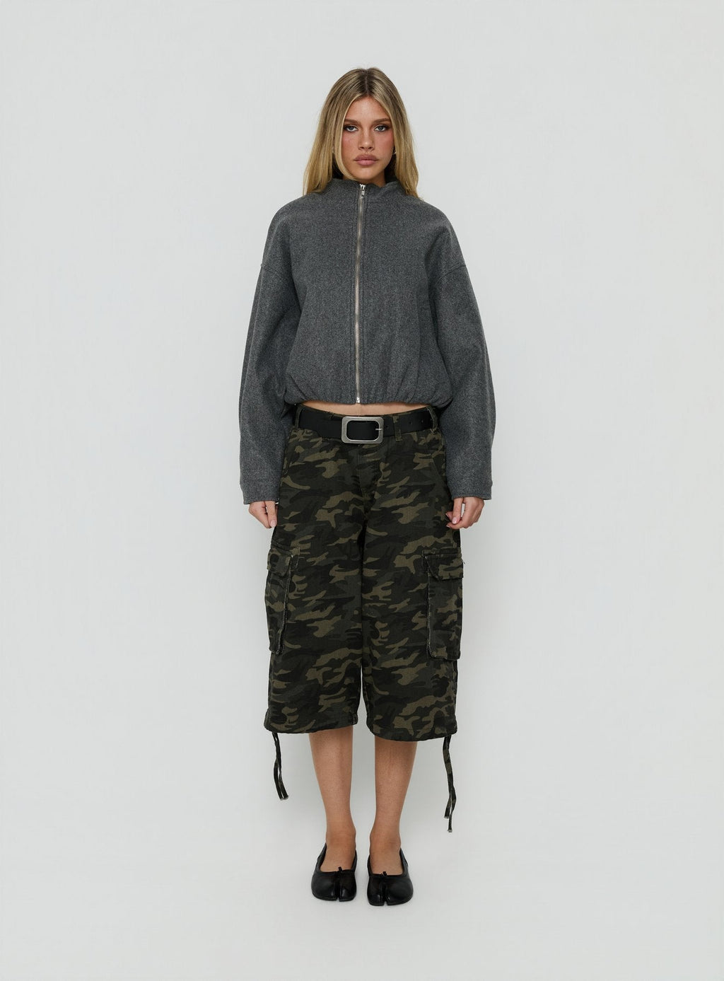 Chayden Cropped Faux Wool Bomber Jacket Grey