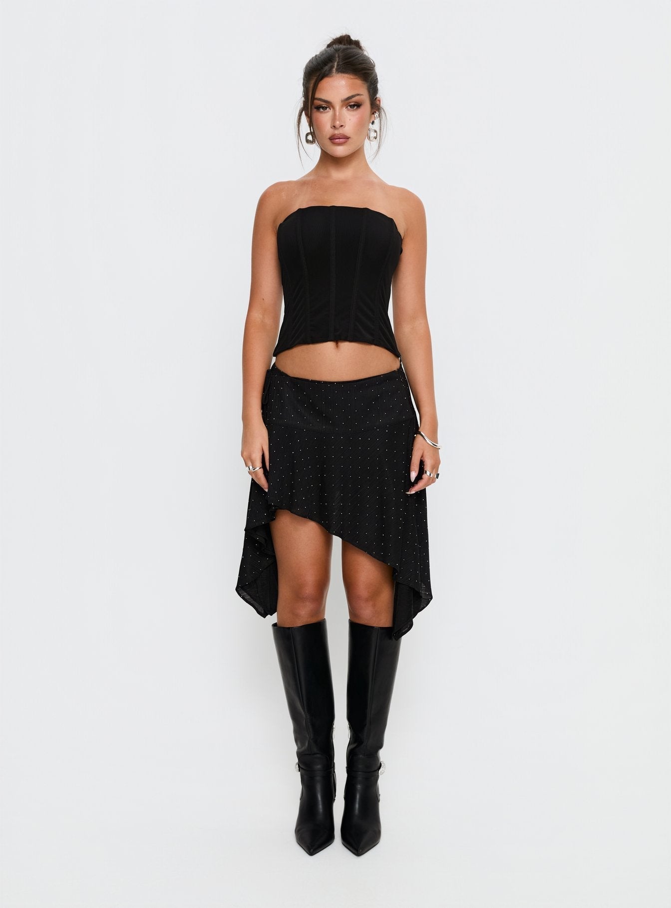 Hevenna Asymmetrical Plisse Mini Skirt Black Diamante